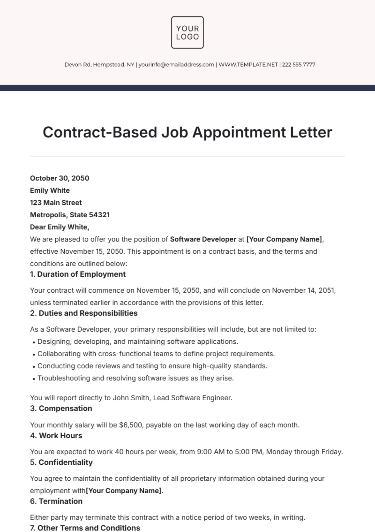 Contract-Based Job Appointment Letter Template - Edit Online & Download