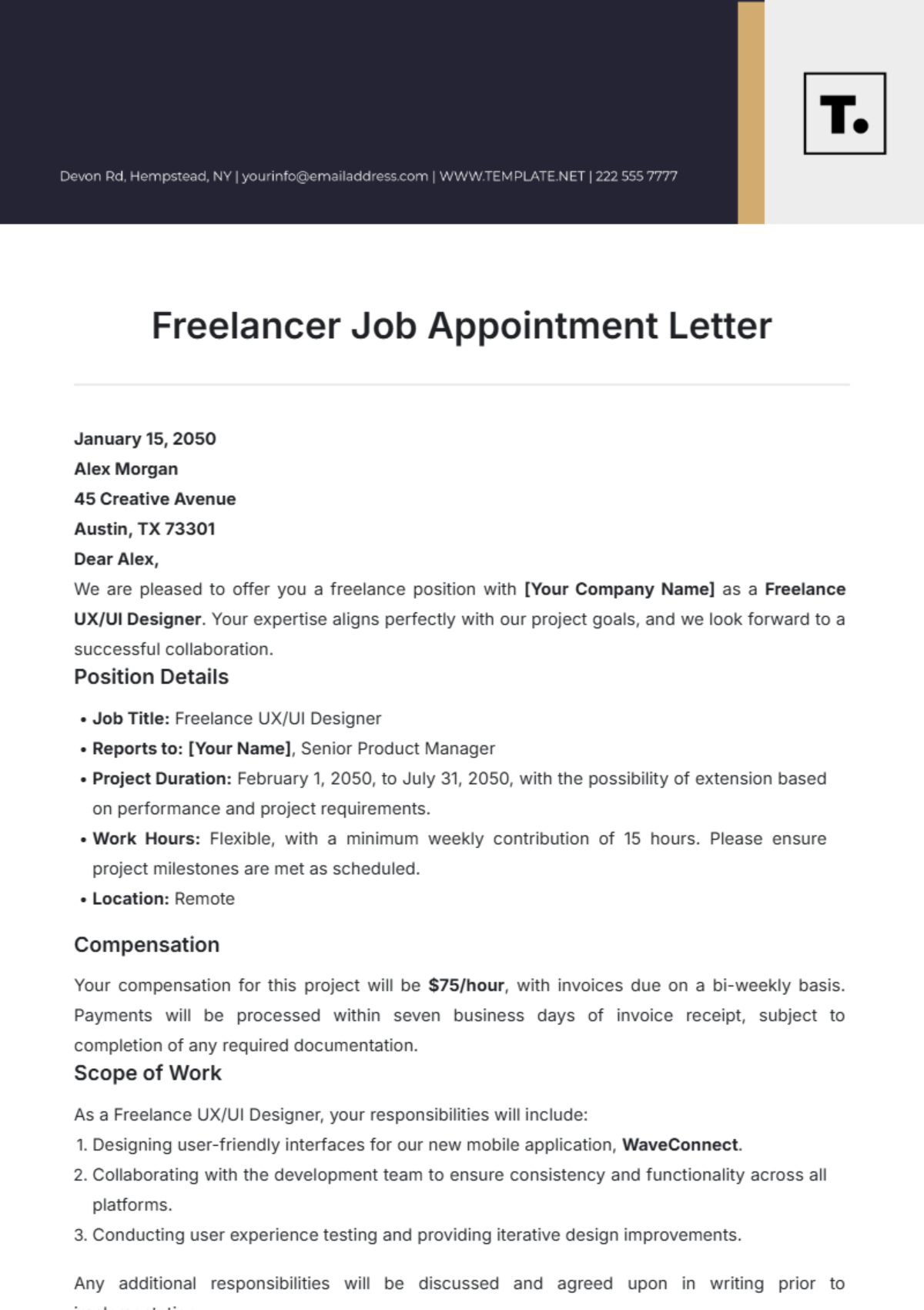 Freelancer Job Appointment Letter Template - Edit Online & Download