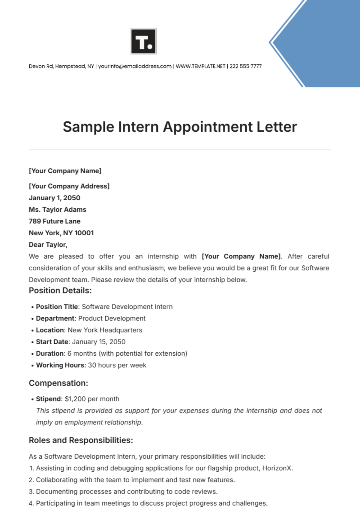 Sample Intern Appointment Letter Template - Edit Online & Download