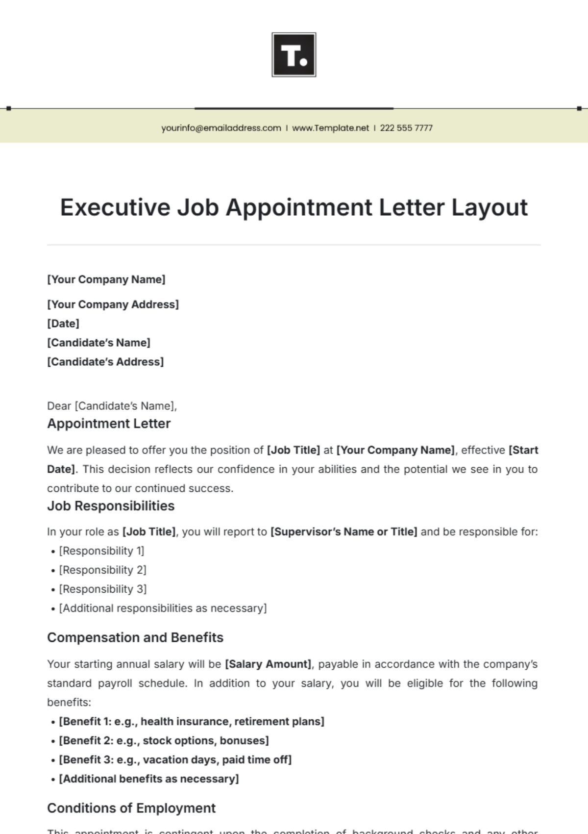 Executive Job Appointment Letter Layout Template - Edit Online & Download