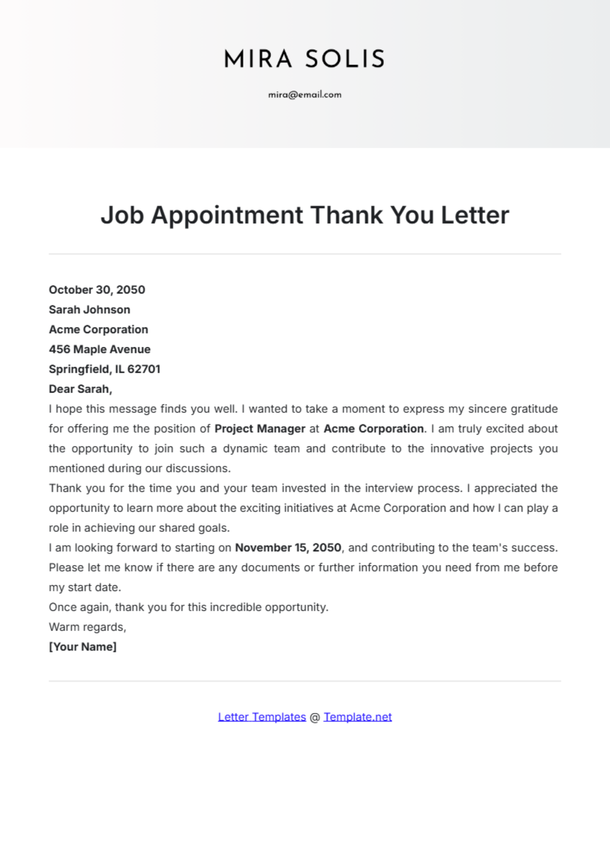 Job Appointment Thank You Letter Template - Edit Online & Download