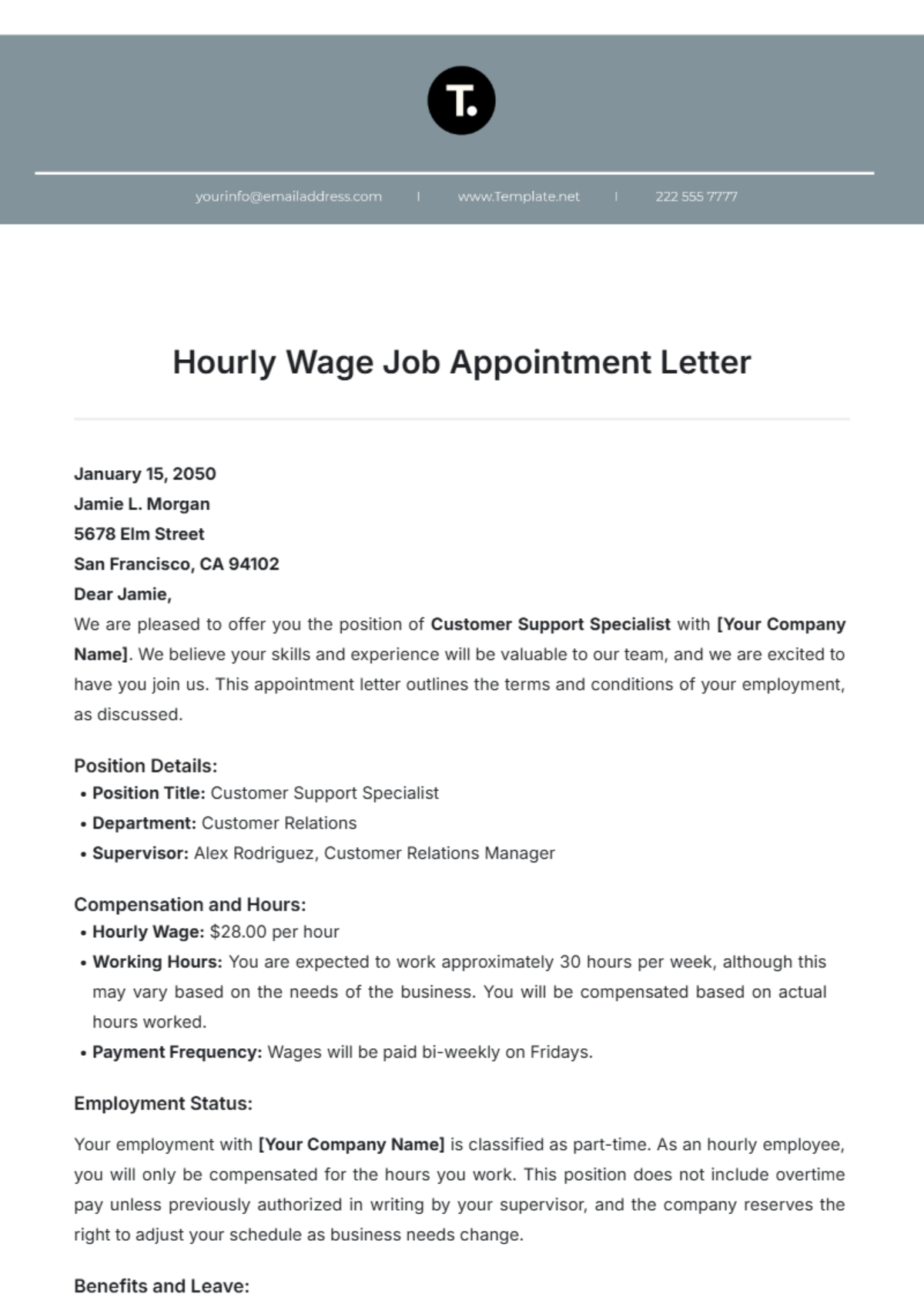 Hourly Wage Job Appointment Letter Template - Edit Online & Download