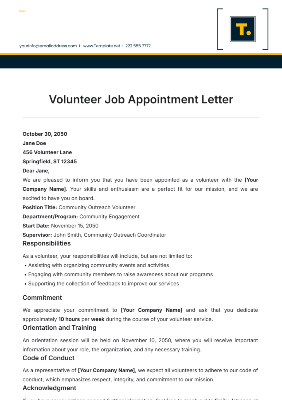 Volunteer Job Appointment Letter Template - Edit Online & Download