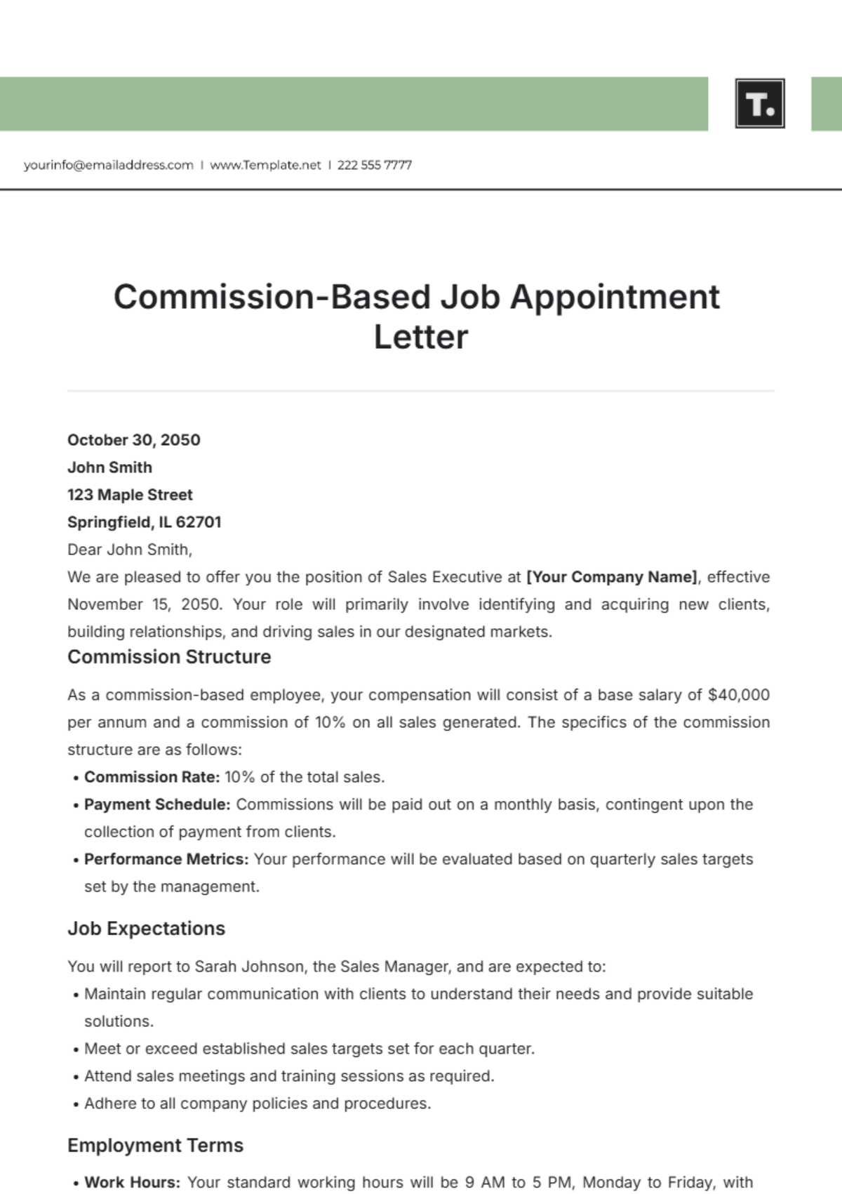 Commission-Based Job Appointment Letter Template - Edit Online & Download