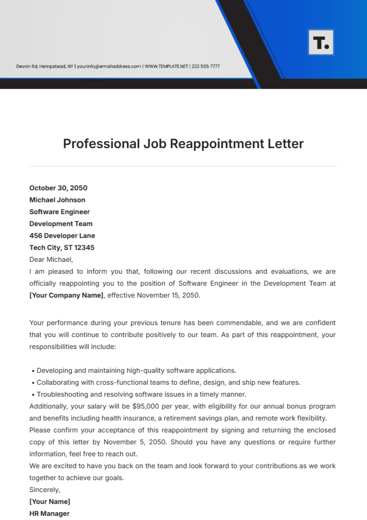 Professional Job Reappointment Letter Template - Edit Online & Download