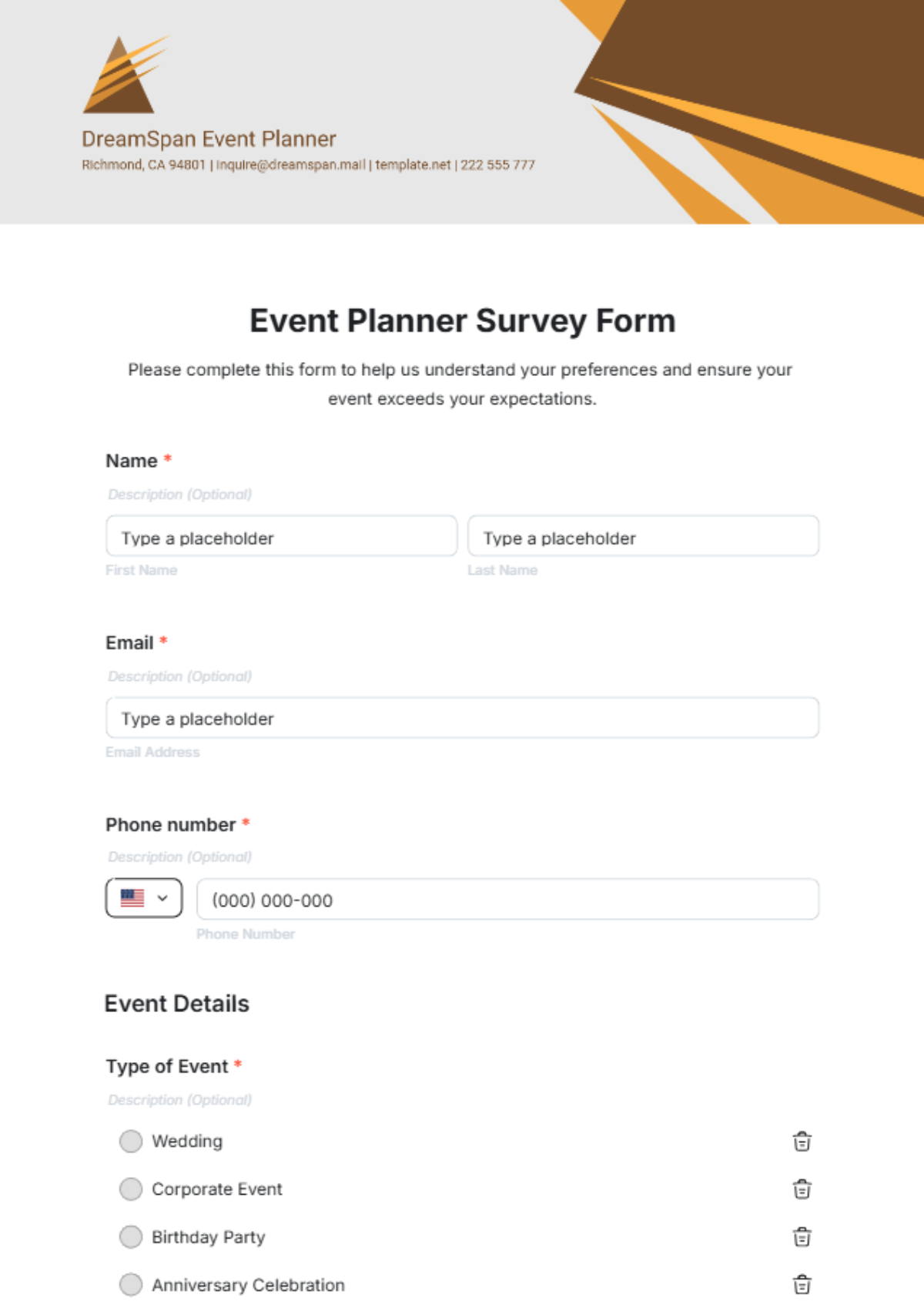 Event Planner Survey Form Template