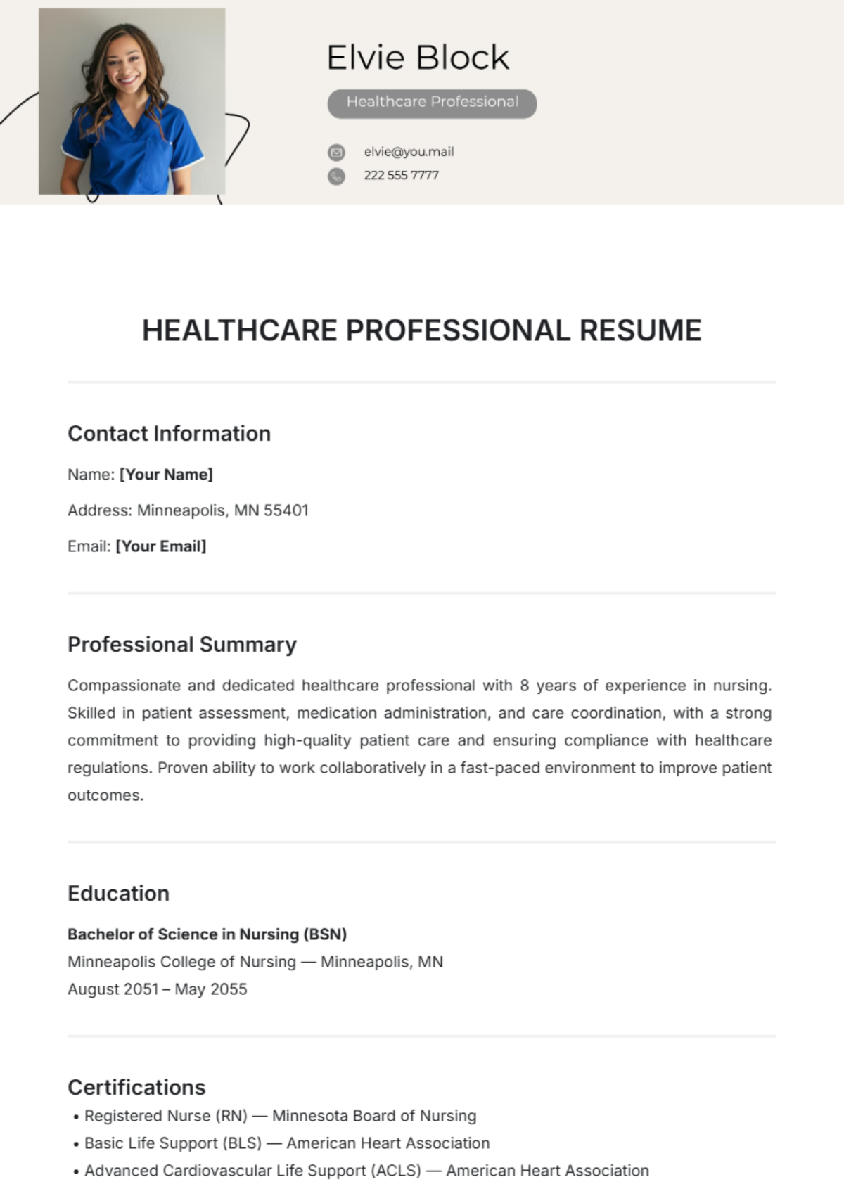 Healthcare Professional Resume Template - Edit Online & Download