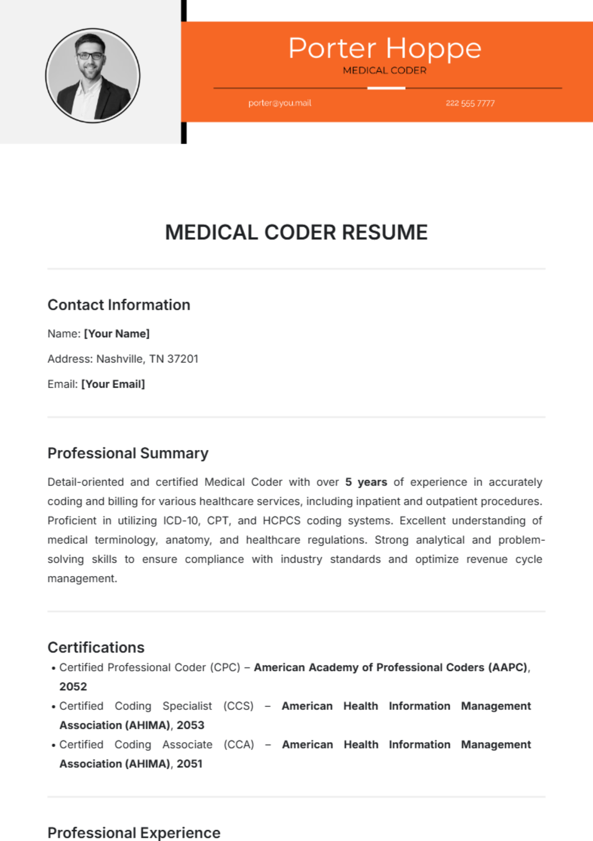 Medical Coder Resume Template - Edit Online & Download