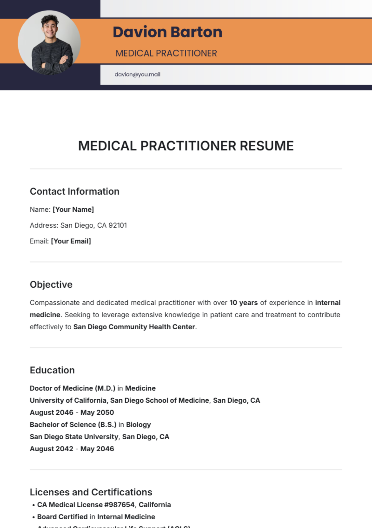 Medical Practitioner Resume Template - Edit Online & Download