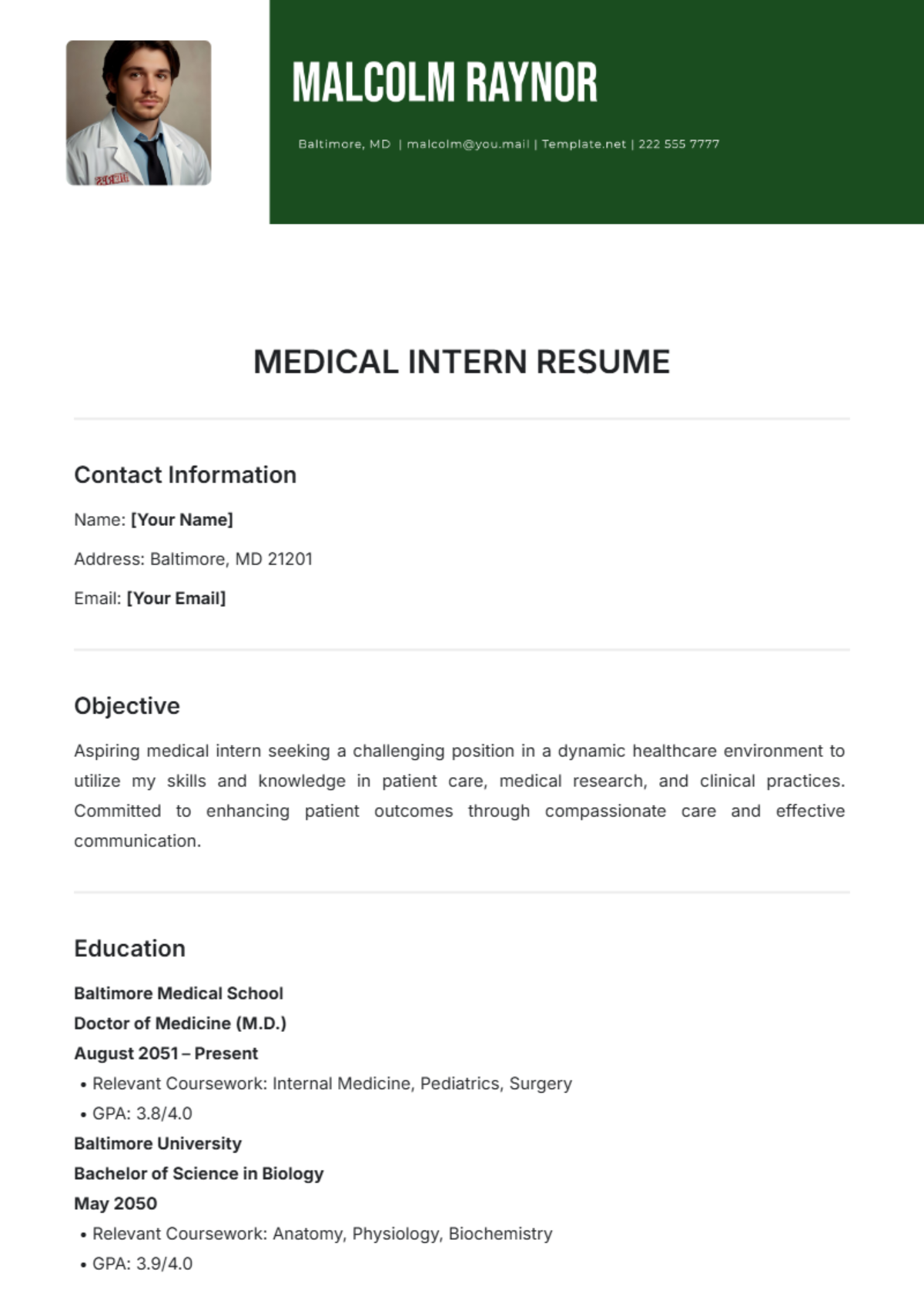 Medical Intern Resume Template - Edit Online & Download