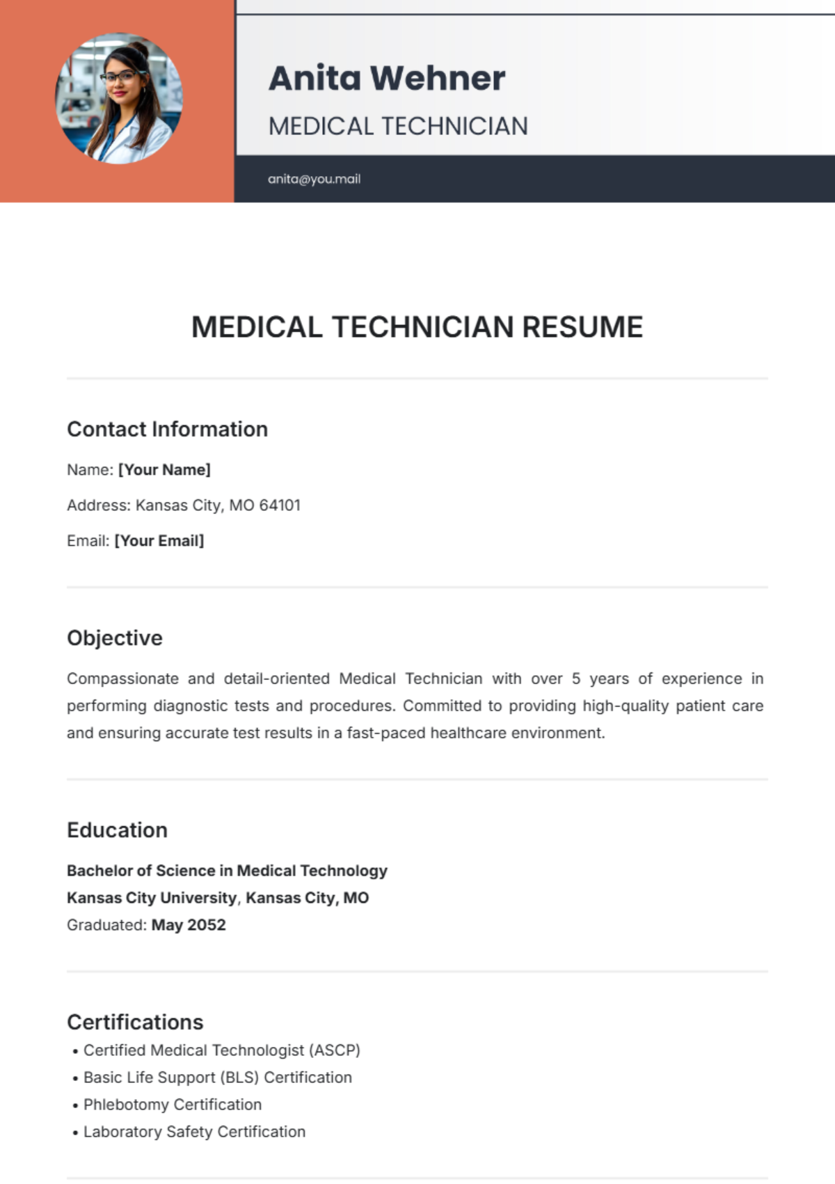 Medical Technician Resume Template - Edit Online & Download