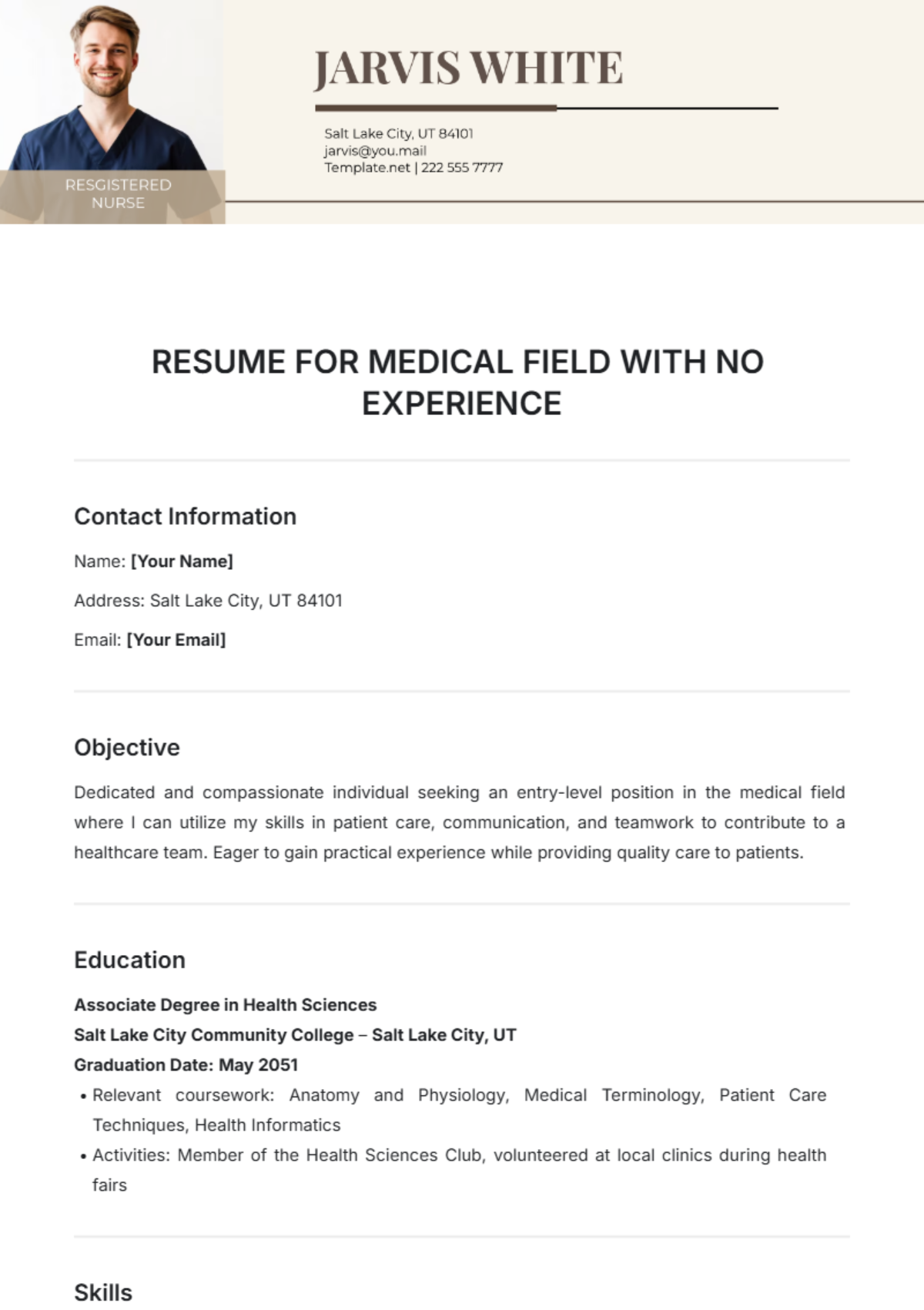 Resume for Medical Field with No Experience Template - Edit Online & Download