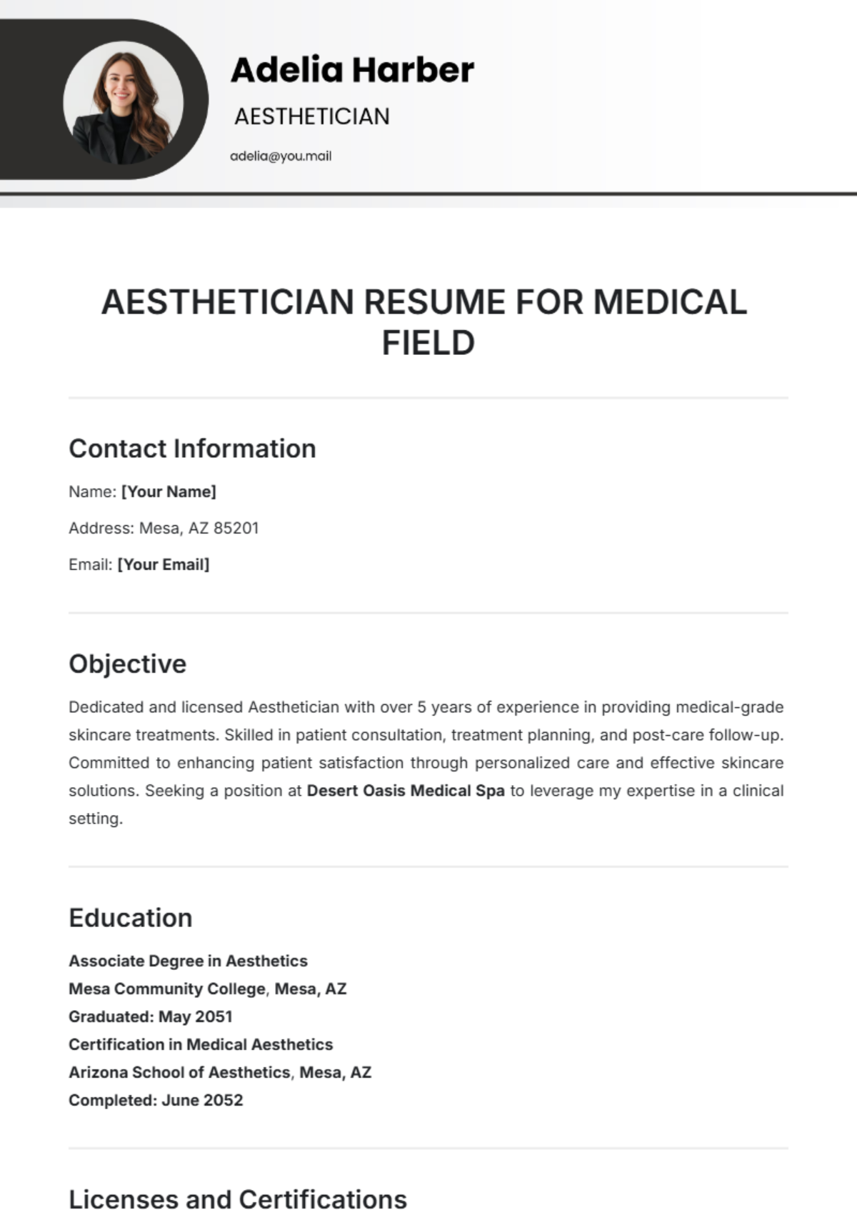 Aesthetician Resume for Medical Field Template - Edit Online & Download