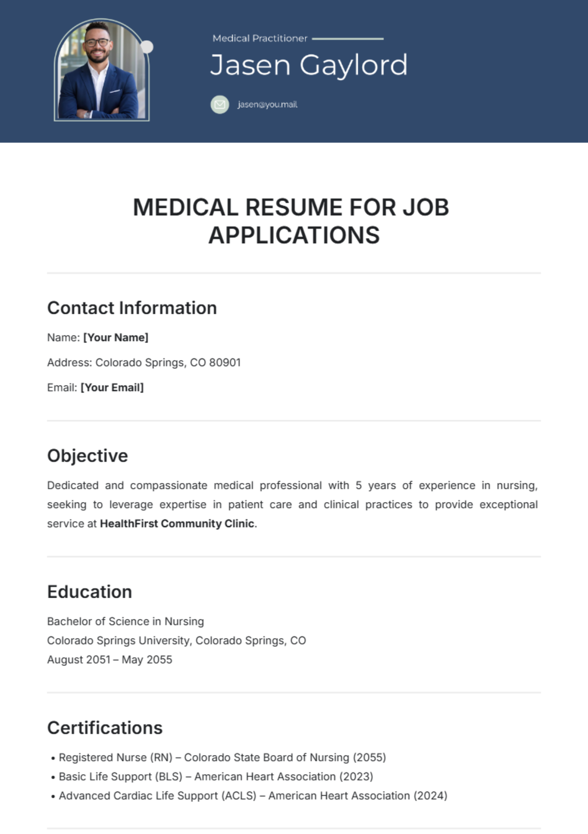 Medical Resume Template for Job Applications - Edit Online & Download