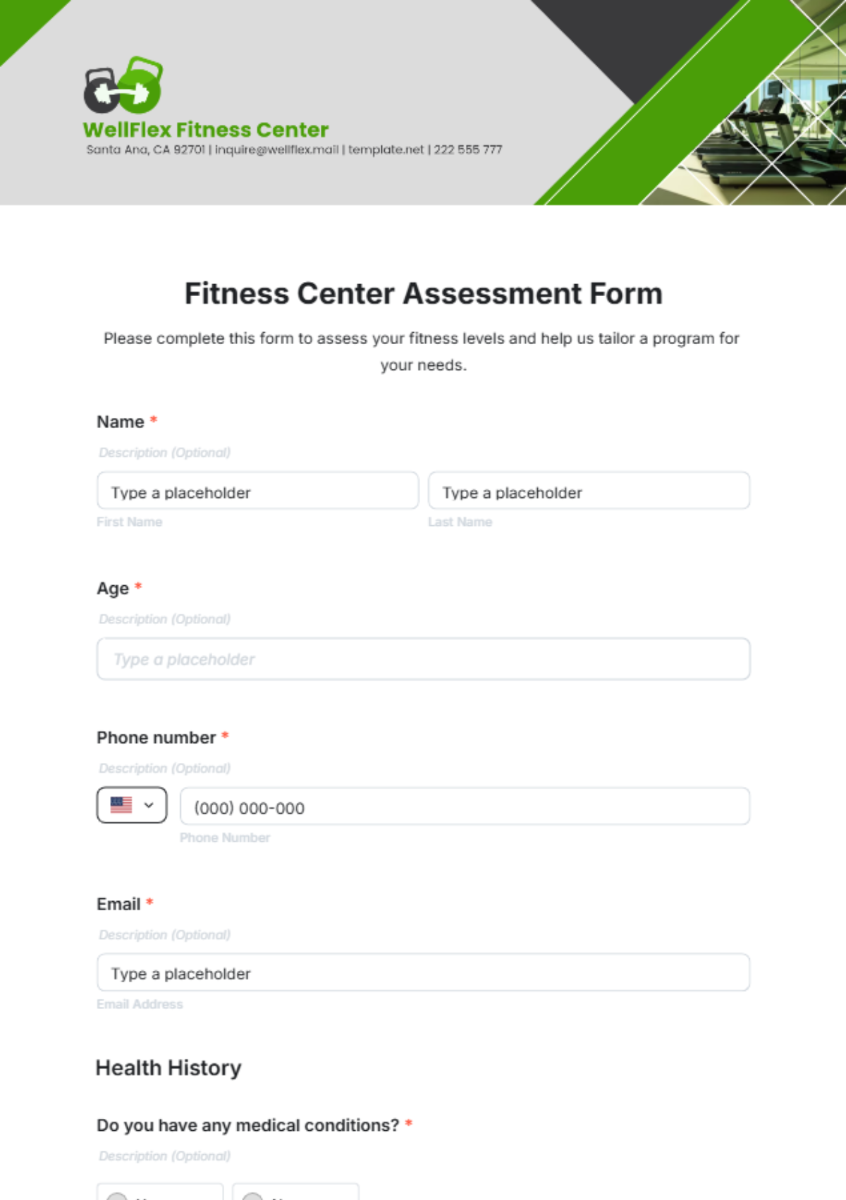 Fitness Center Assessment Form Template