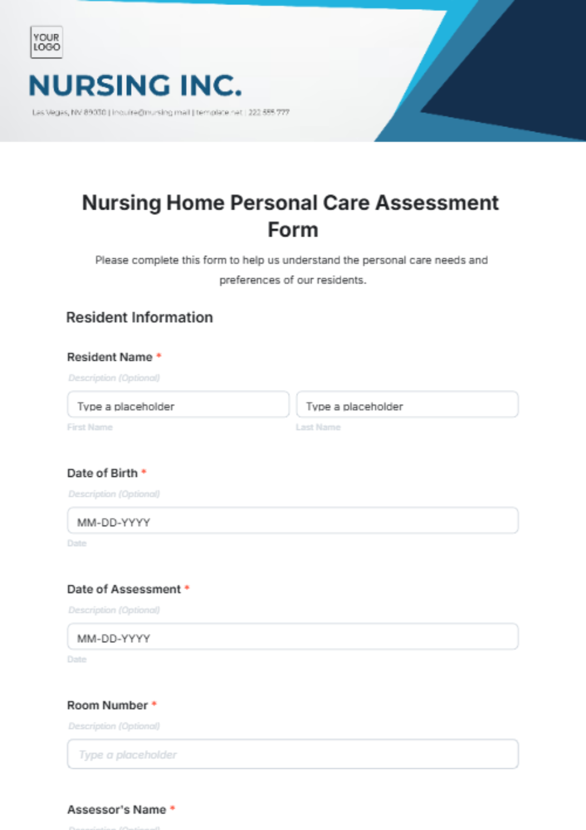 Nursing Home Personal Care Assessment Form Template - Edit Online & Download