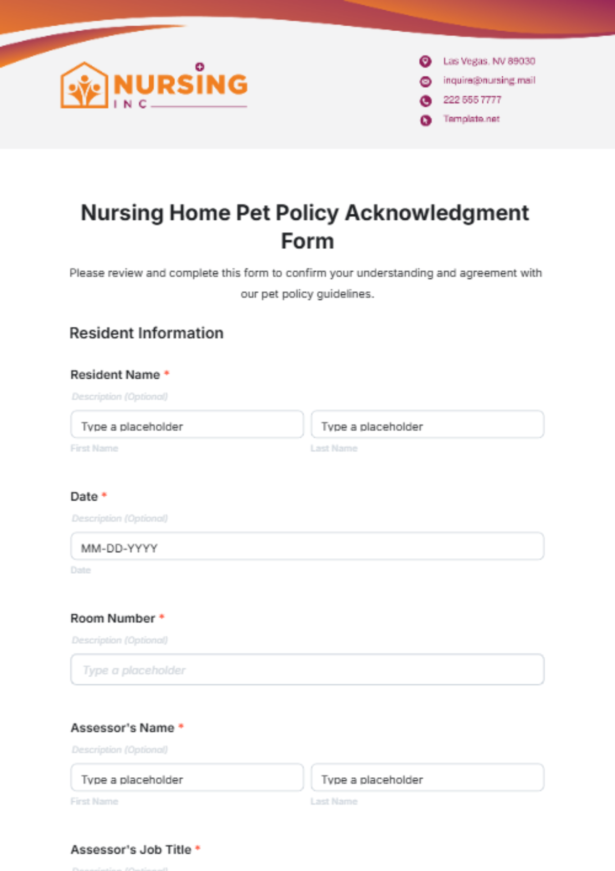 Nursing Home Pet Policy Acknowledgment Form Template - Edit Online & Download