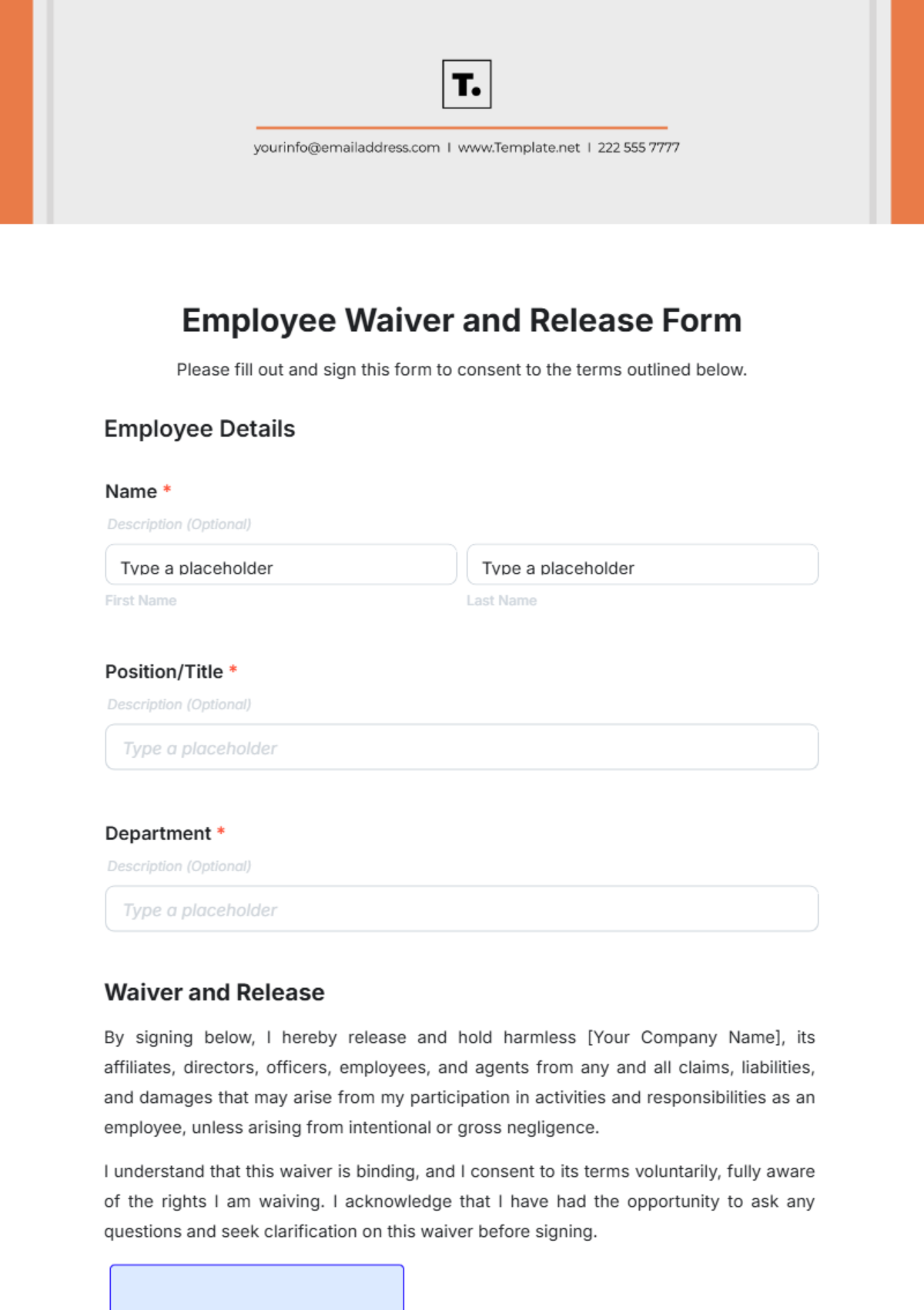 Employee Waiver and Release Form Template - Edit Online & Download