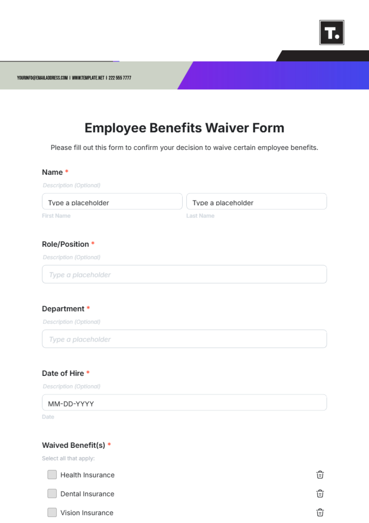 Employee Benefits Waiver Form Template - Edit Online & Download