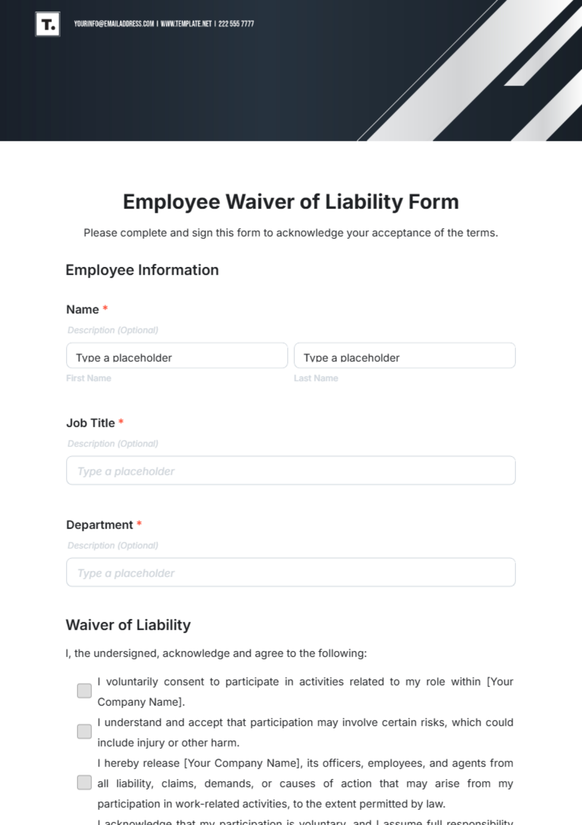 Employee Waiver of Liability Form Template - Edit Online & Download