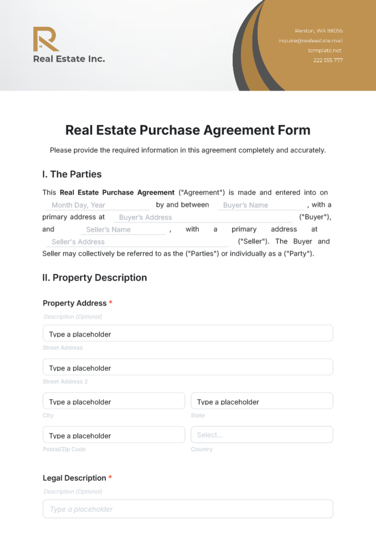 Real Estate Purchase Agreement Form Template - Edit Online & Download