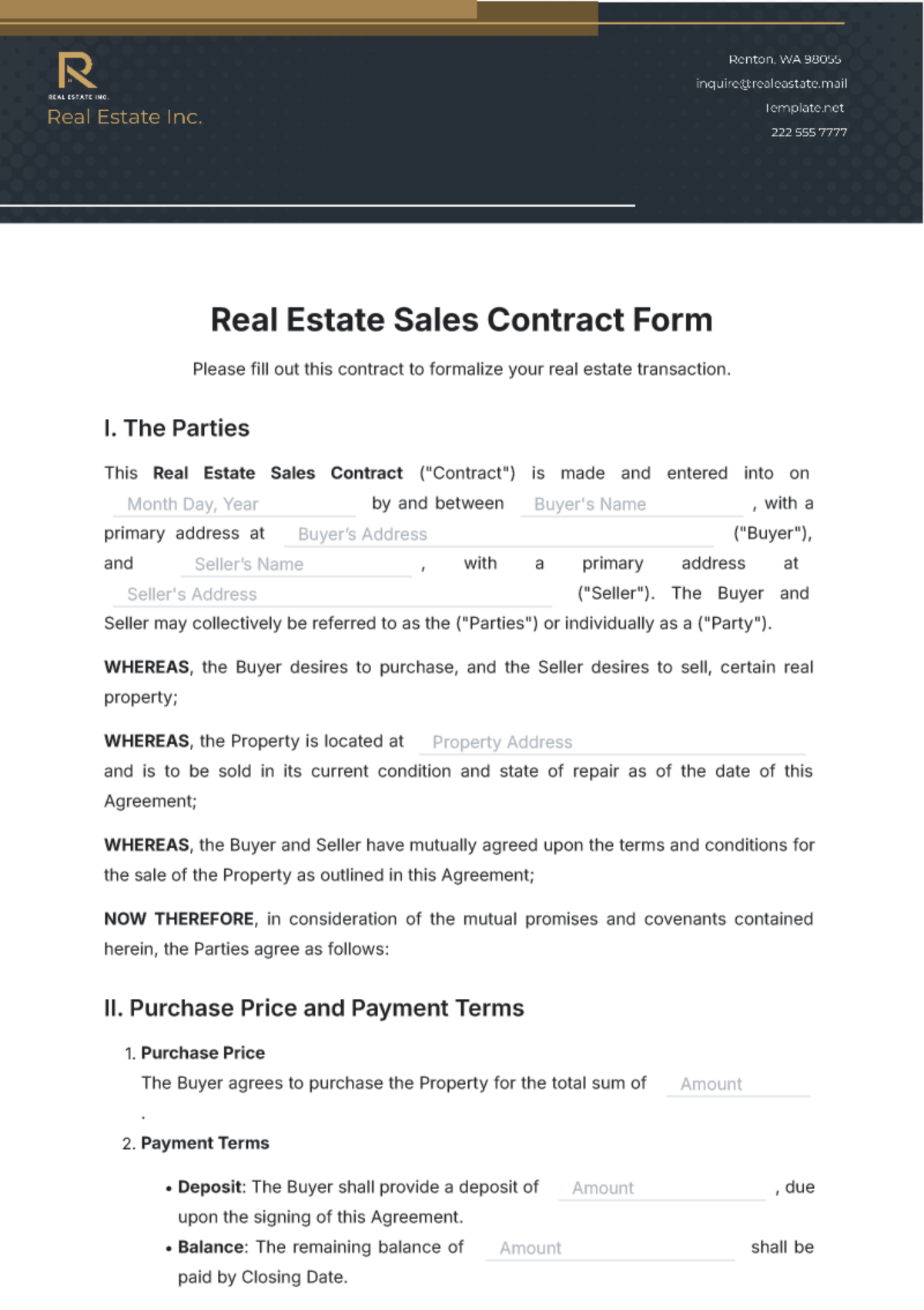 Real Estate Sales Contract Form Template - Edit Online & Download