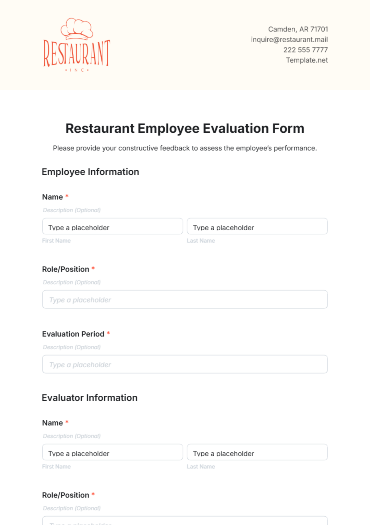 Restaurant Employee Evaluation Form Template - Edit Online & Download