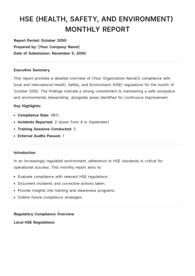 Free HSE Health Safety and Environment Monthly Report Template to Edit Online