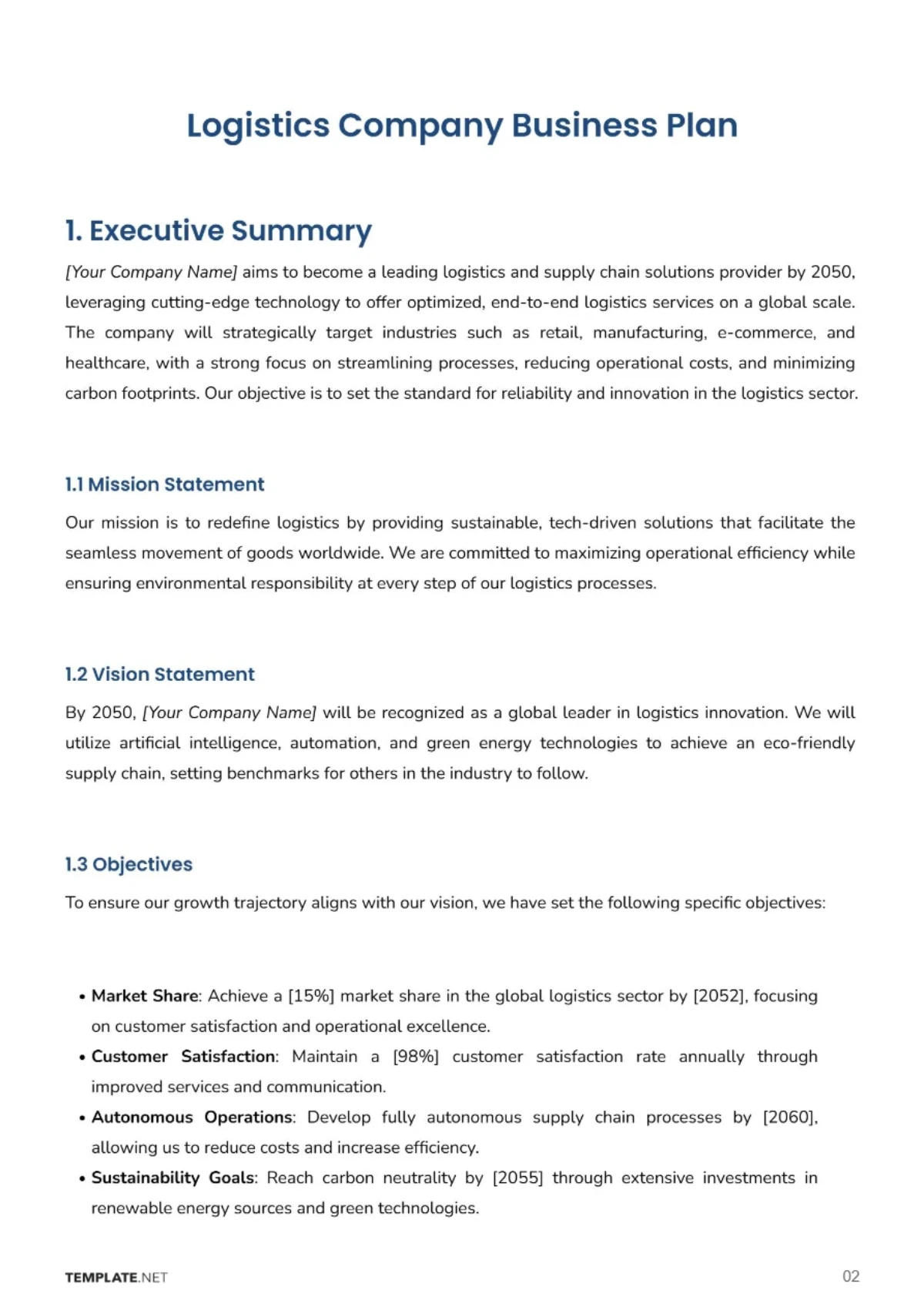 Free Logistics Company Business Plan Template to Edit Online