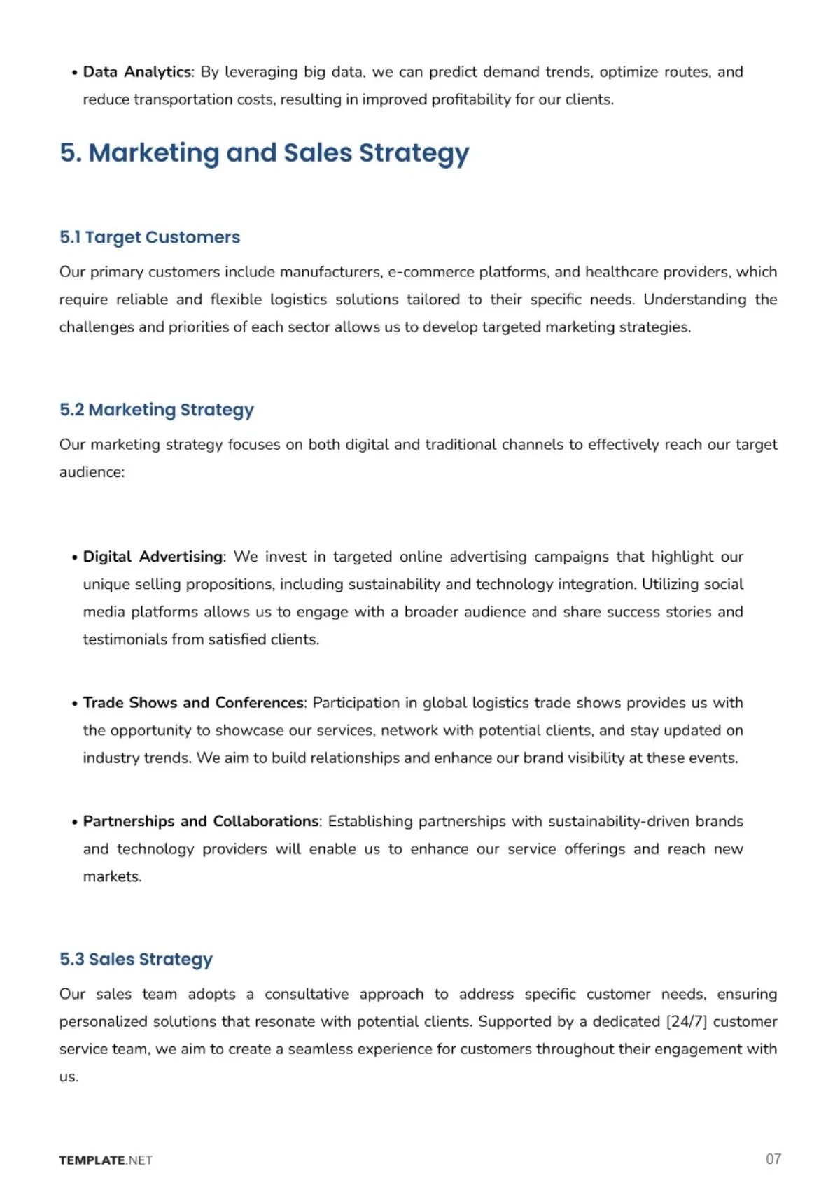 Free Logistics Company Business Plan Template to Edit Online