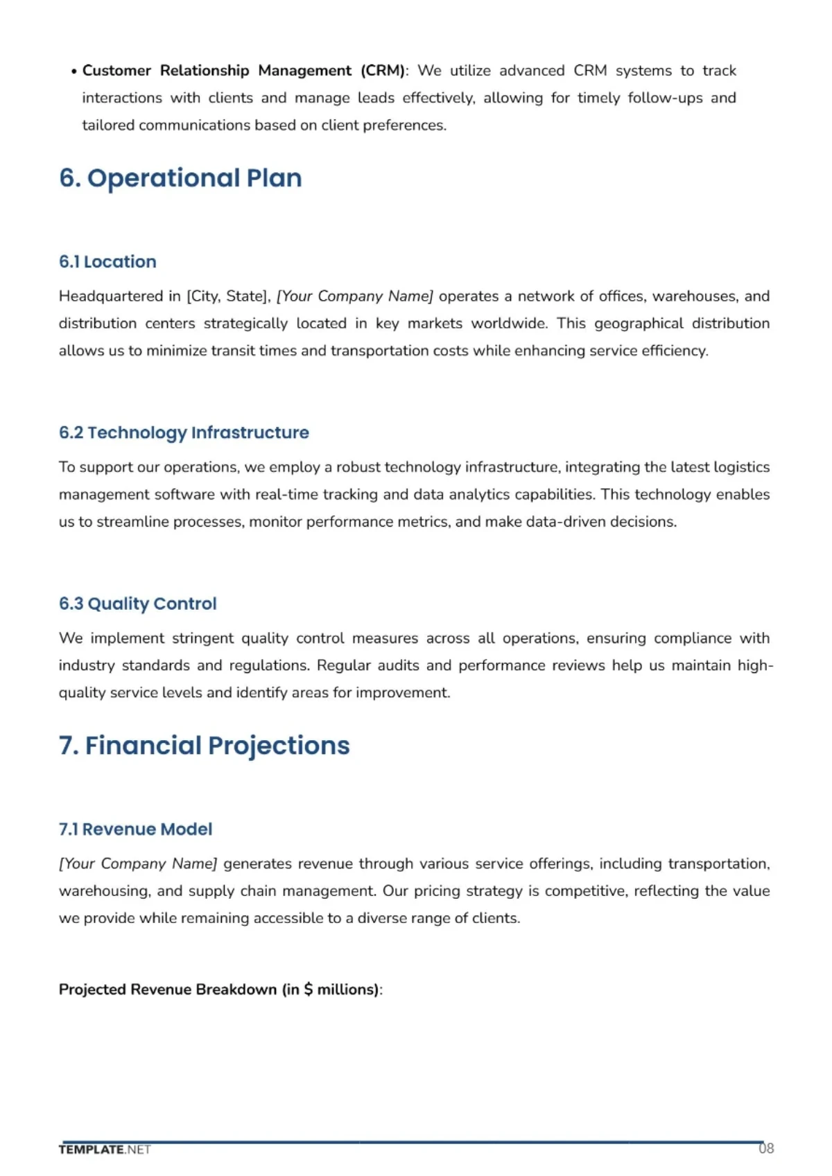 Free Logistics Company Business Plan Template to Edit Online