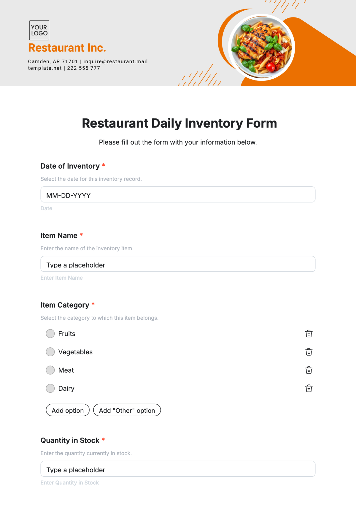 Restaurant Daily Inventory Form Template - Edit Online & Download