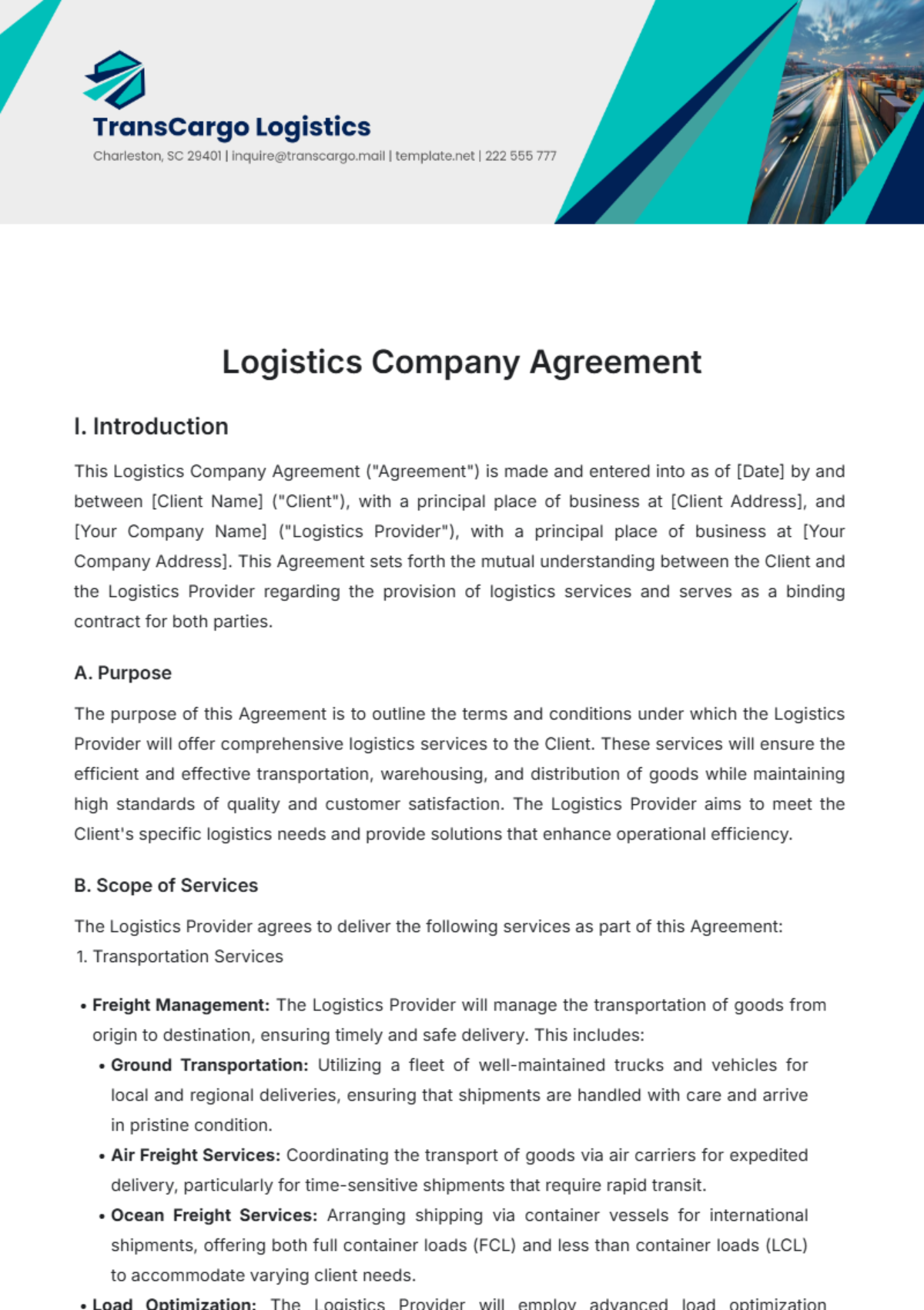 Logistics Company Agreement Template - Edit Online & Download