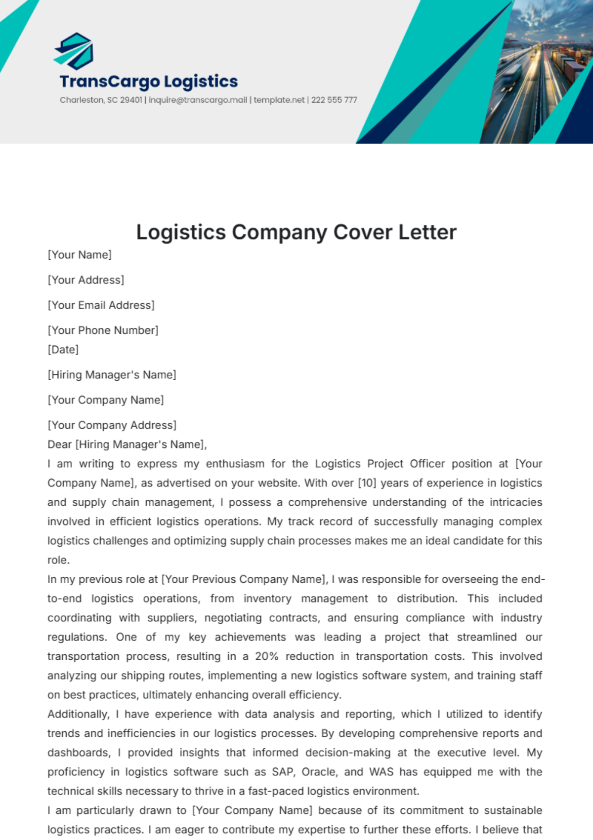 Logistics Company Cover Letter Template - Edit Online & Download