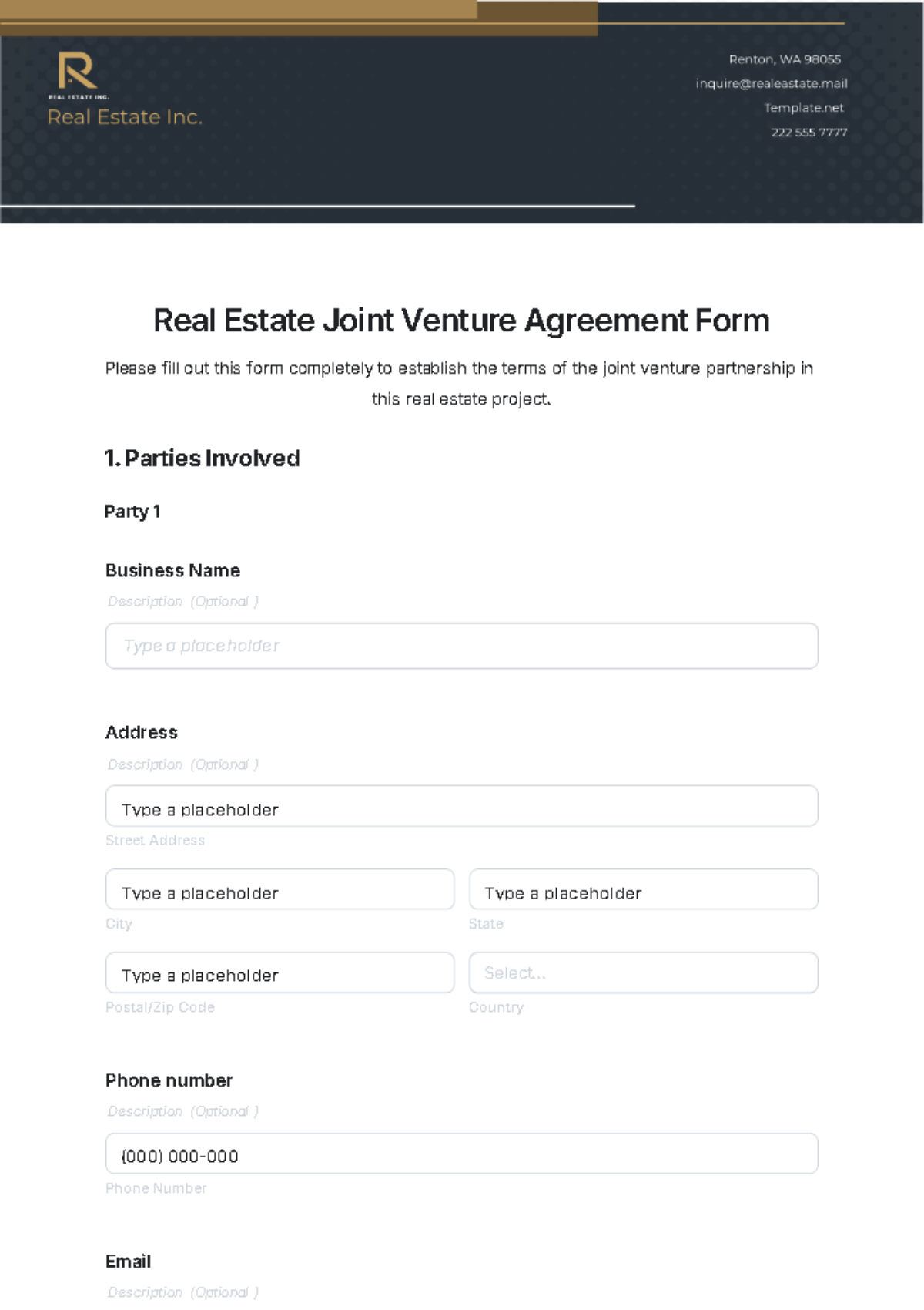 Real Estate Joint Venture Agreement Form Template - Edit Online & Download