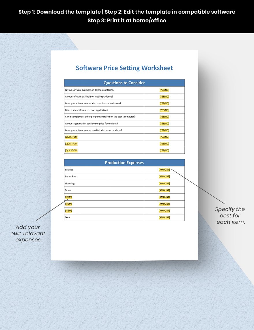 Editable Software Price Setting Worksheet 