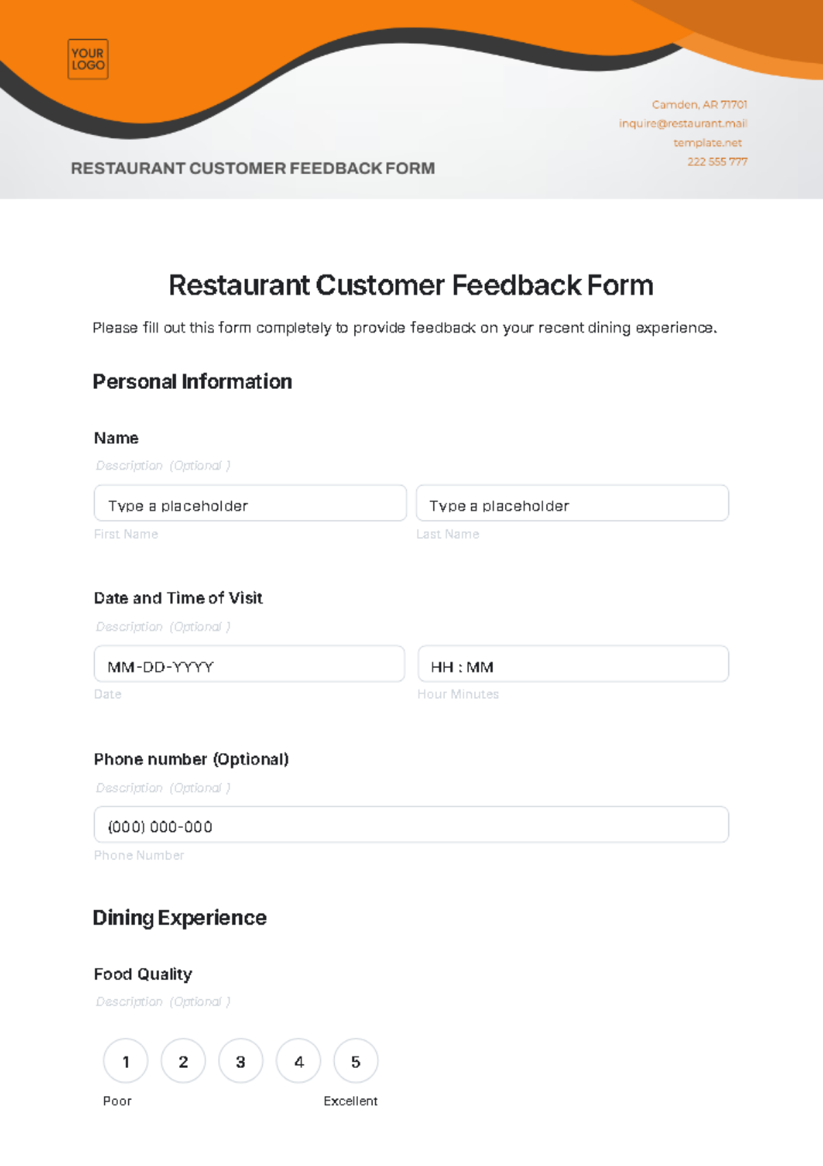 Restaurant Customer Feedback Form Template - Edit Online & Download