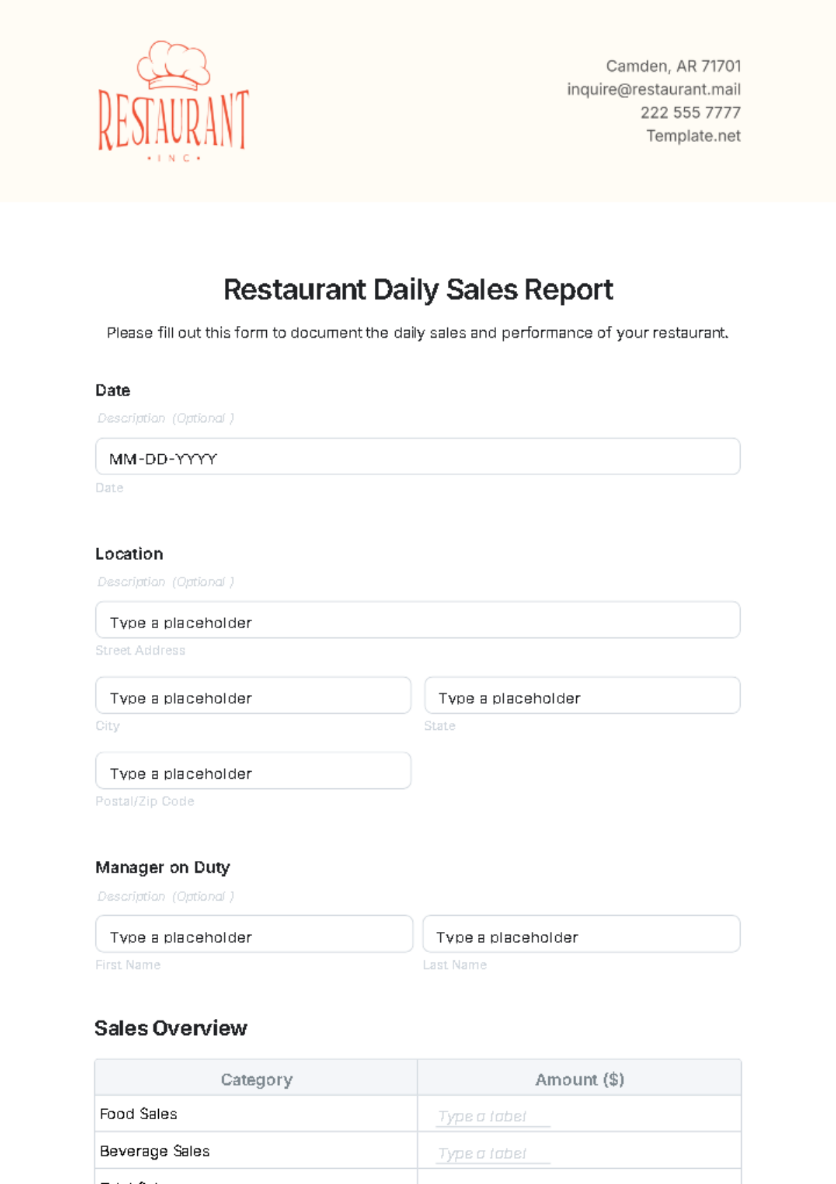 Restaurant Daily Sales Report Template - Edit Online & Download