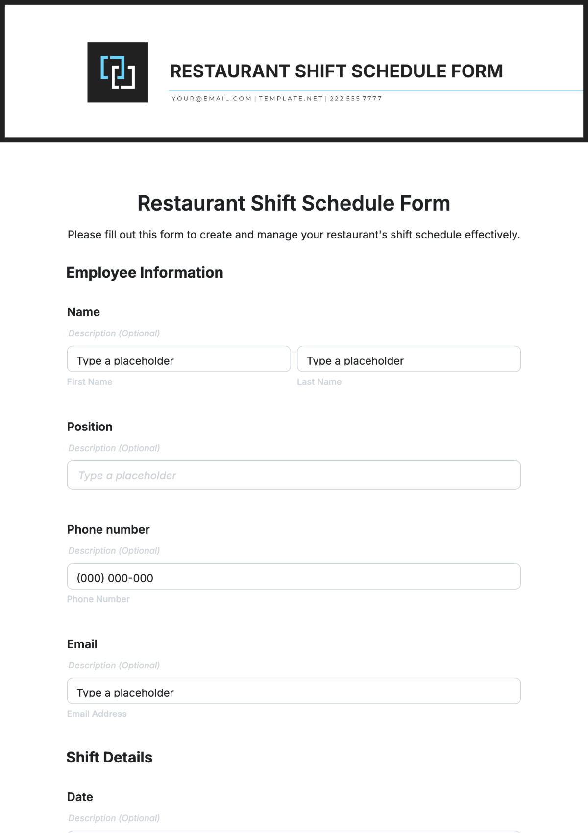 Restaurant Shift Schedule Form Template - Edit Online & Download