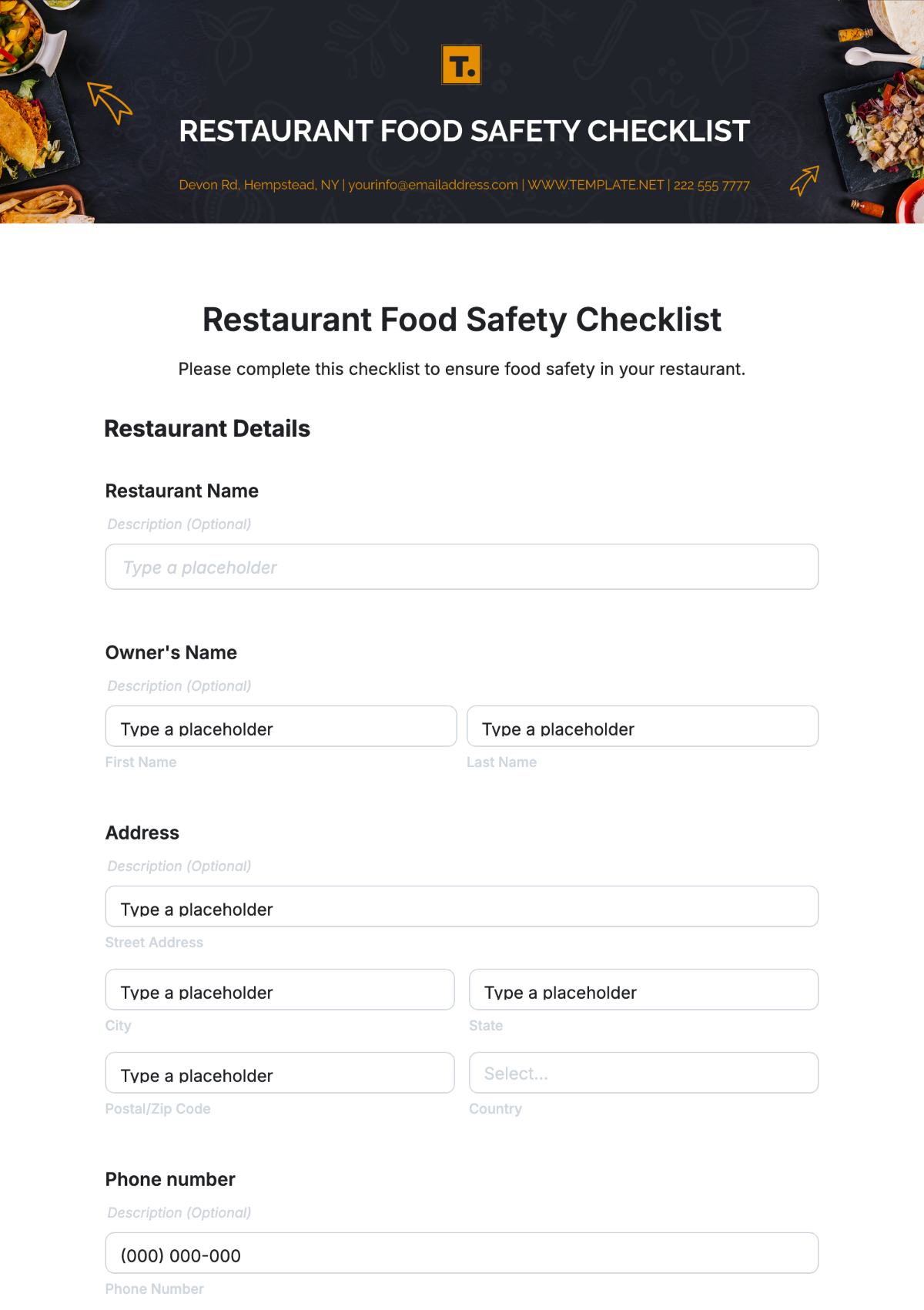 Restaurant Food Safety Checklist Template - Edit Online & Download