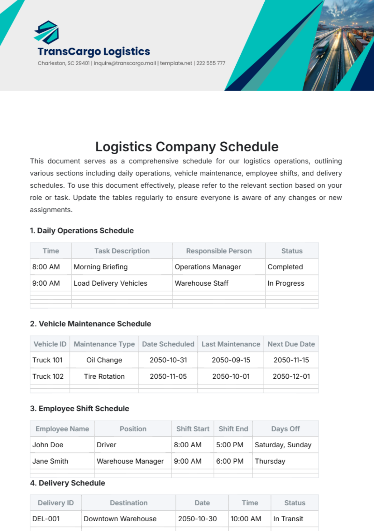 Logistics Company Schedule Template - Edit Online & Download