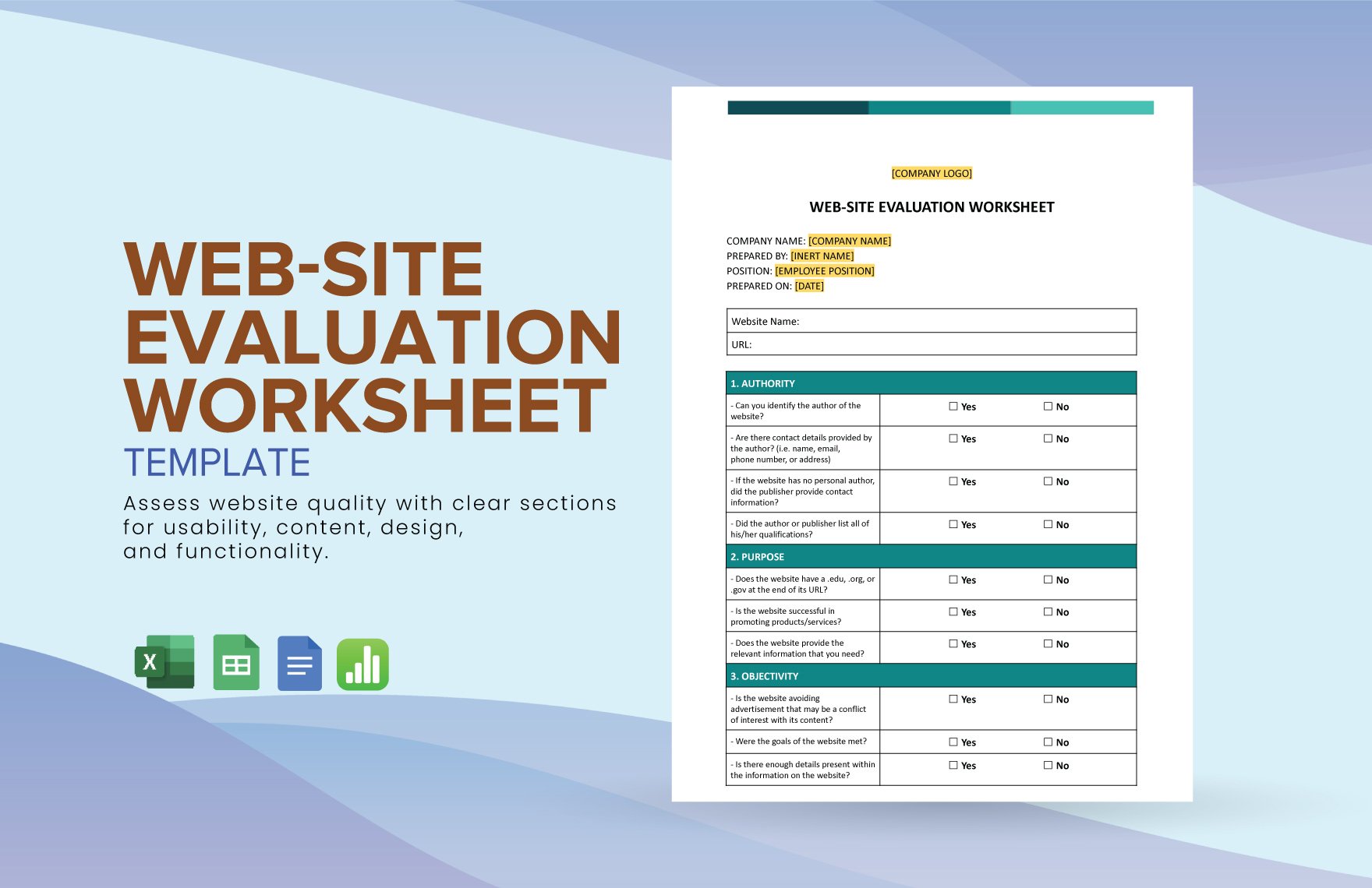 Web-Site Evaluation Worksheet Template in Google Docs, Excel, Google Sheets, Apple Numbers