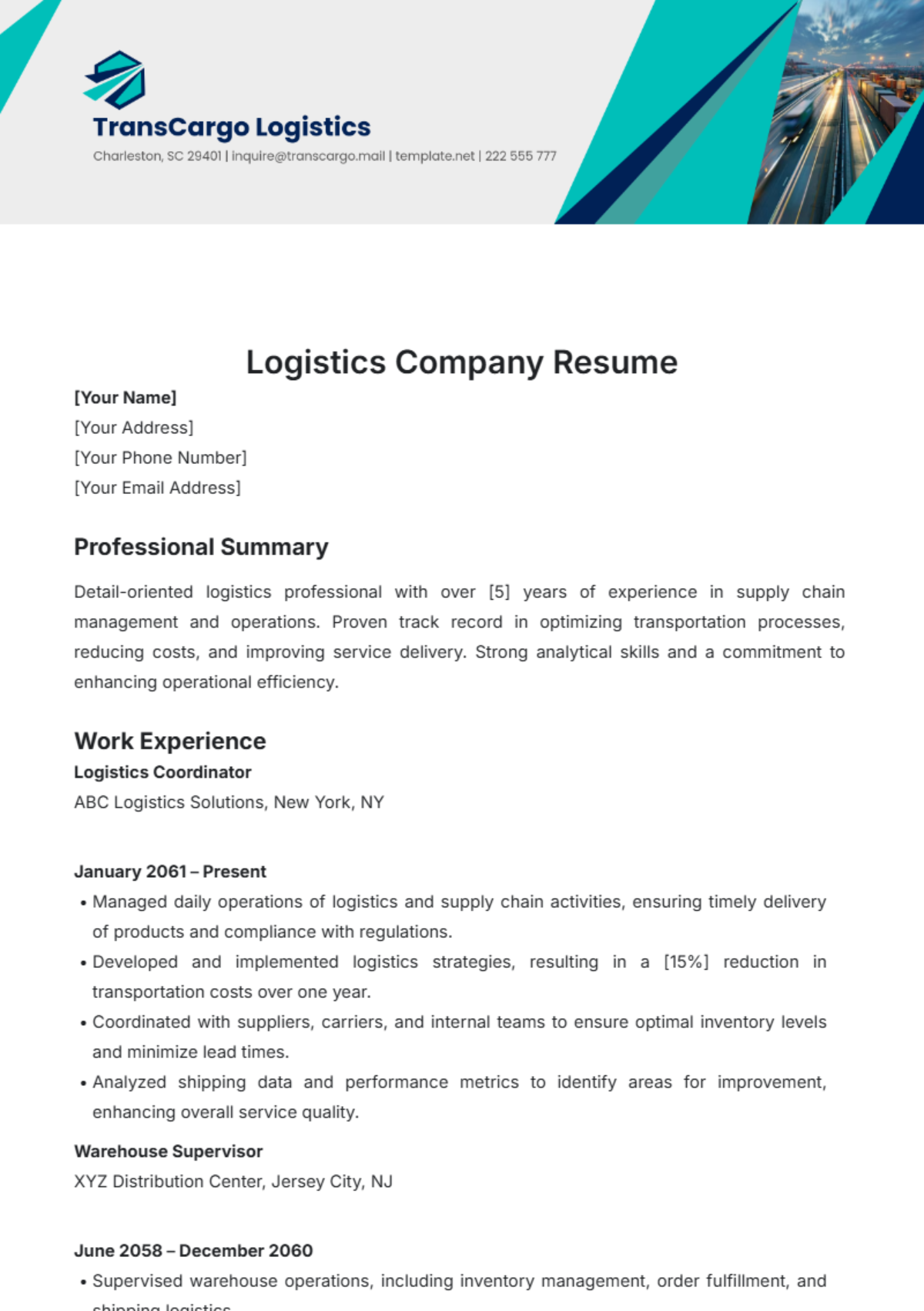 Logistics Company Resume Template - Edit Online & Download