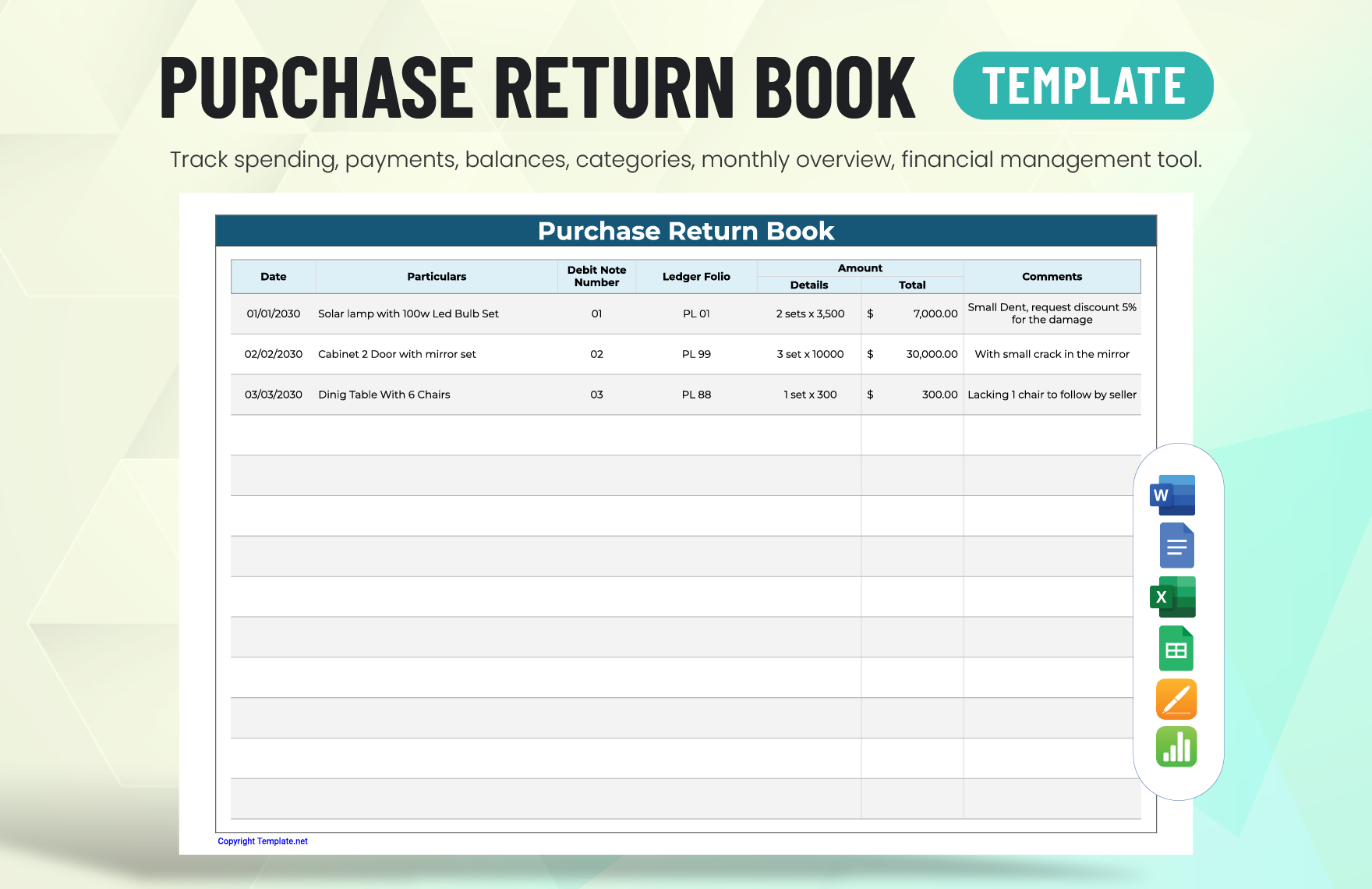 Free Purchase Return Book Template in Word, Google Docs, Excel, Google Sheets, Apple Pages, Apple Numbers