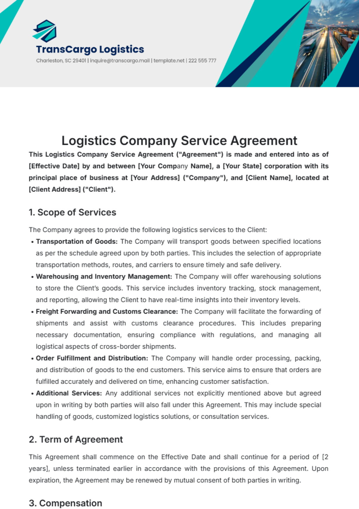 Logistics Company Service Agreement Template - Edit Online & Download