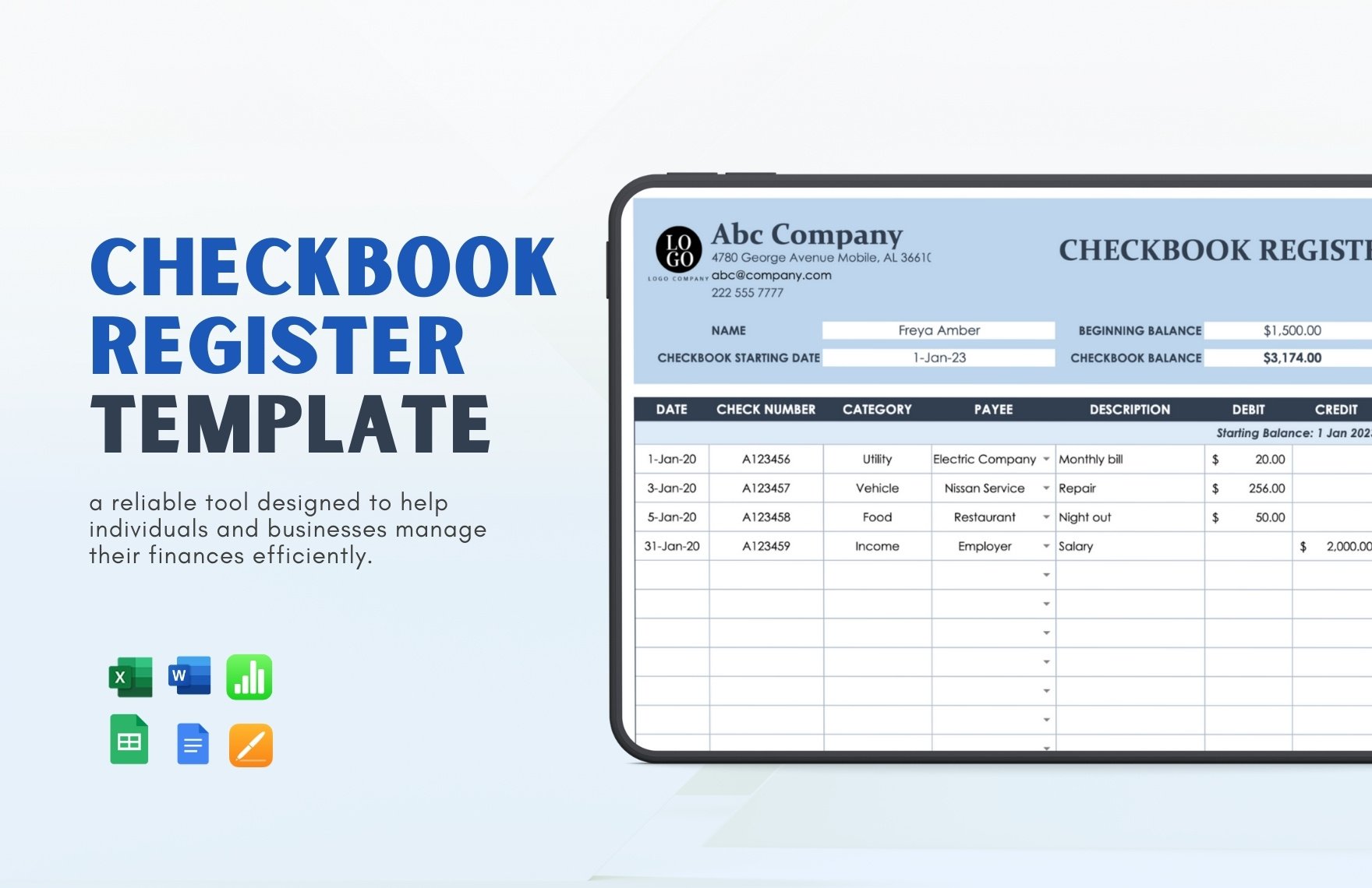 Checkbook Register Template in Word, Google Docs, Excel, Google Sheets, Apple Pages, Apple Numbers