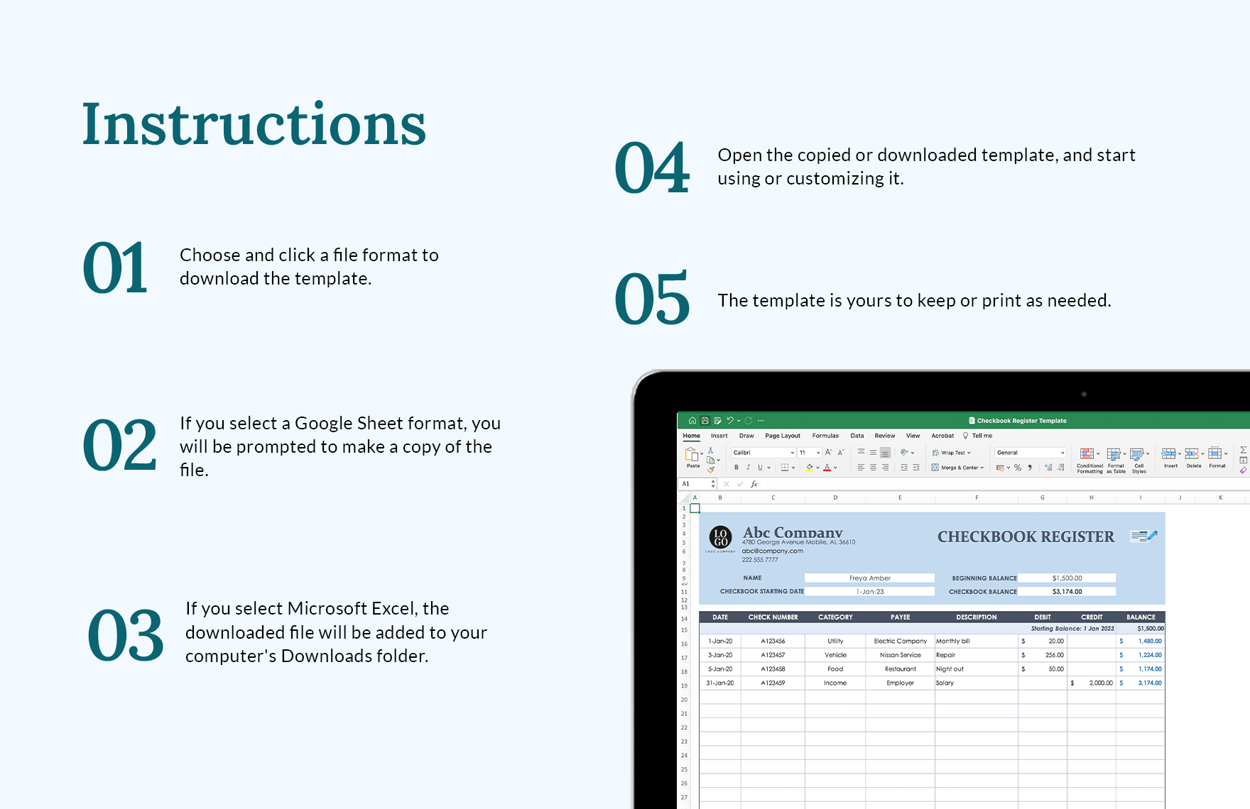 Checkbook Register Template in Pages, Numbers, MS Word, GDocsLink, MS Excel, Google Sheets