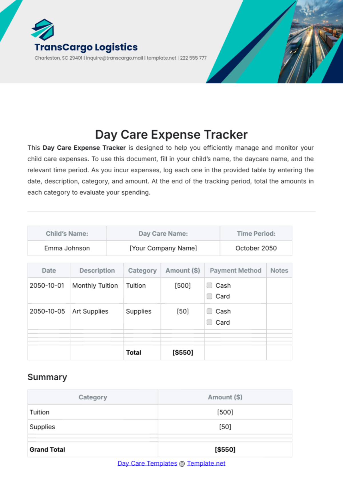 Day Care Expense Tracker Template