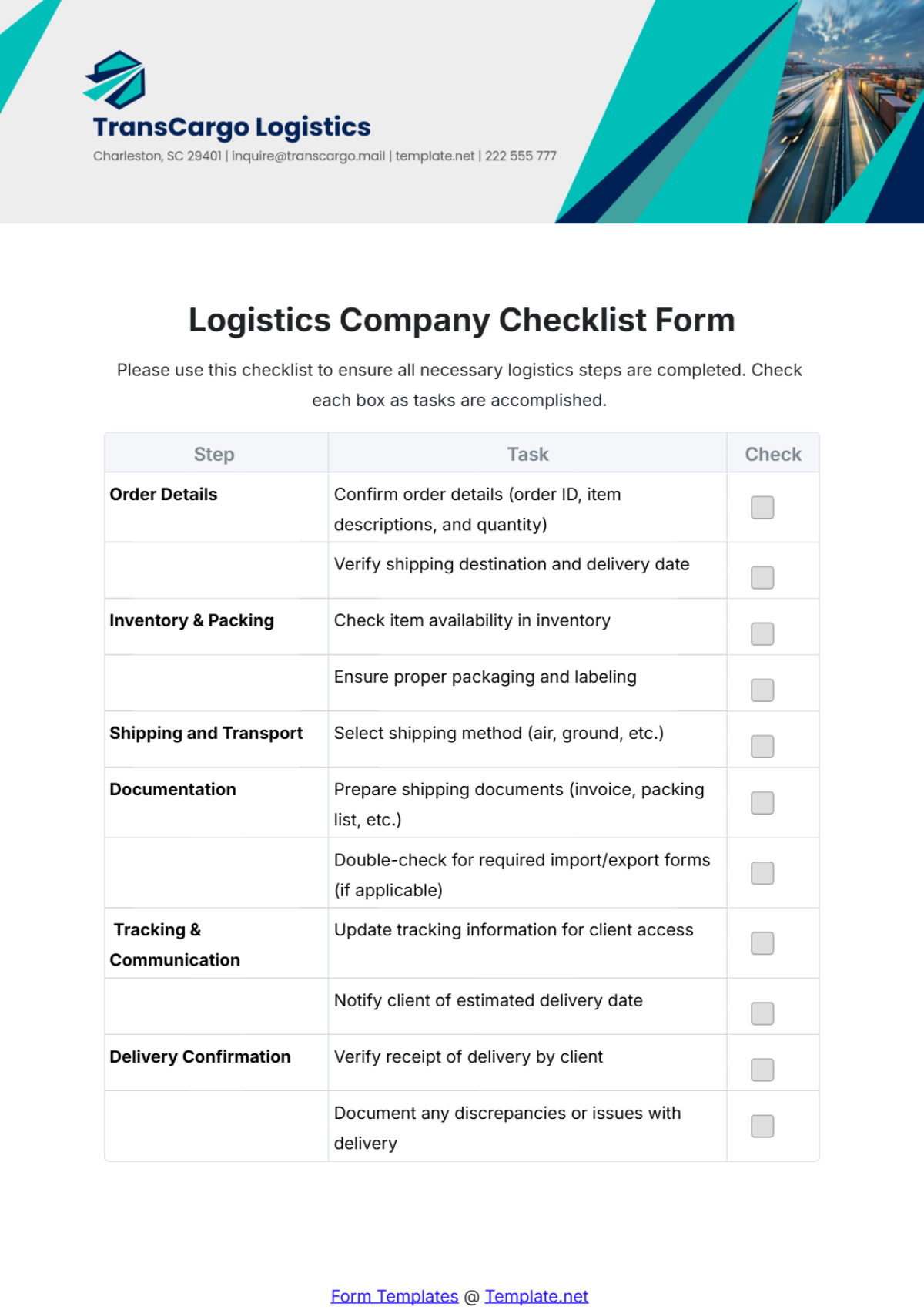 Logistics Company Checklist Form Template - Edit Online & Download