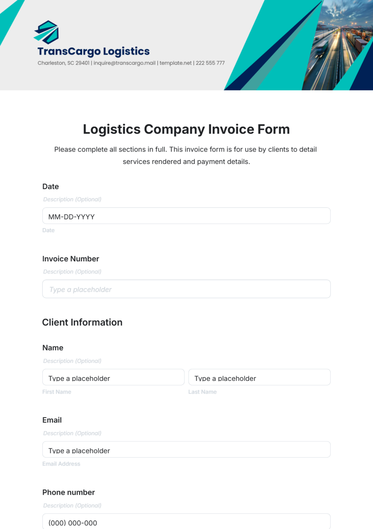 Logistics Company Invoice Form Template - Edit Online & Download